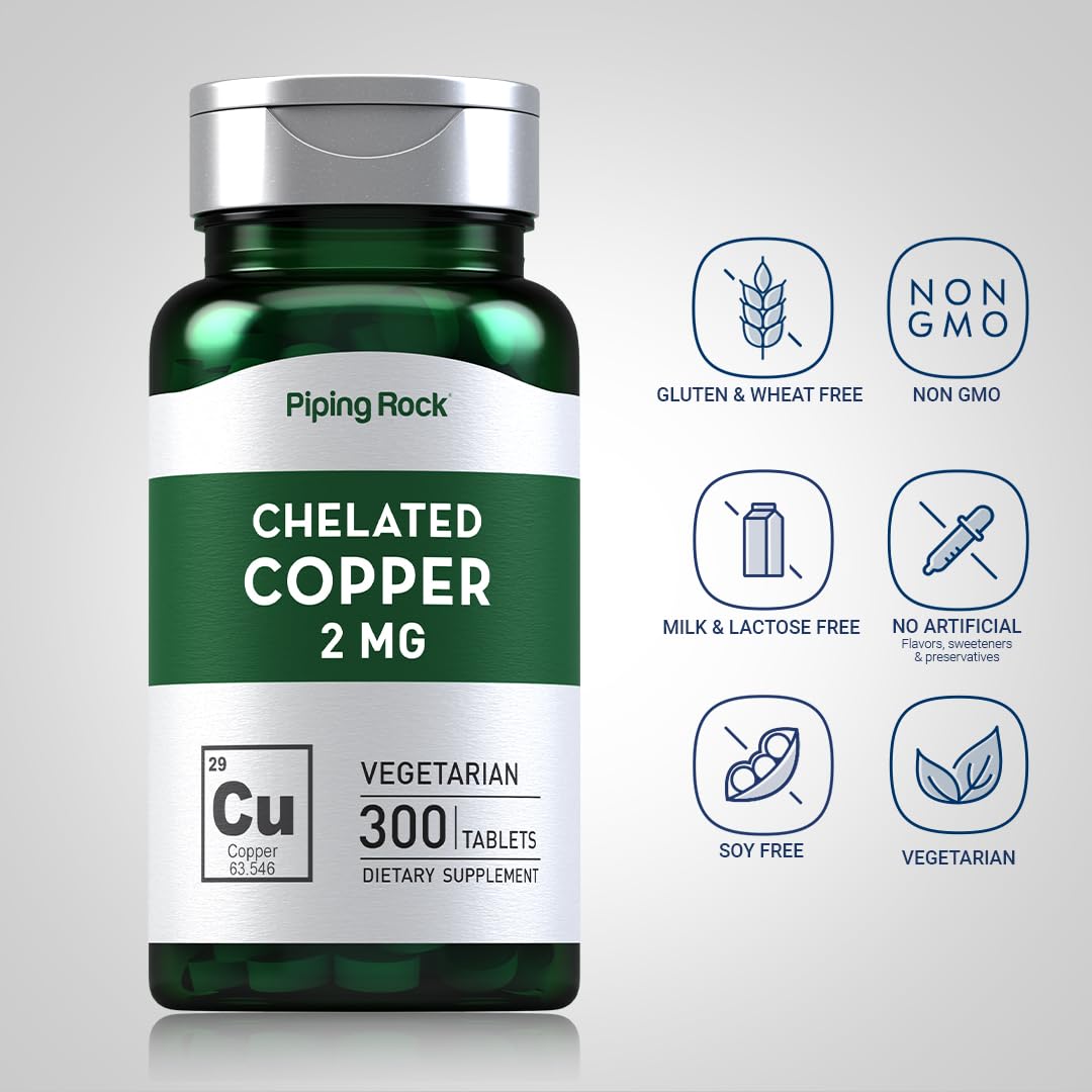 Piping Rock Chelated Copper 2 mg Tablet, 300 Tablets