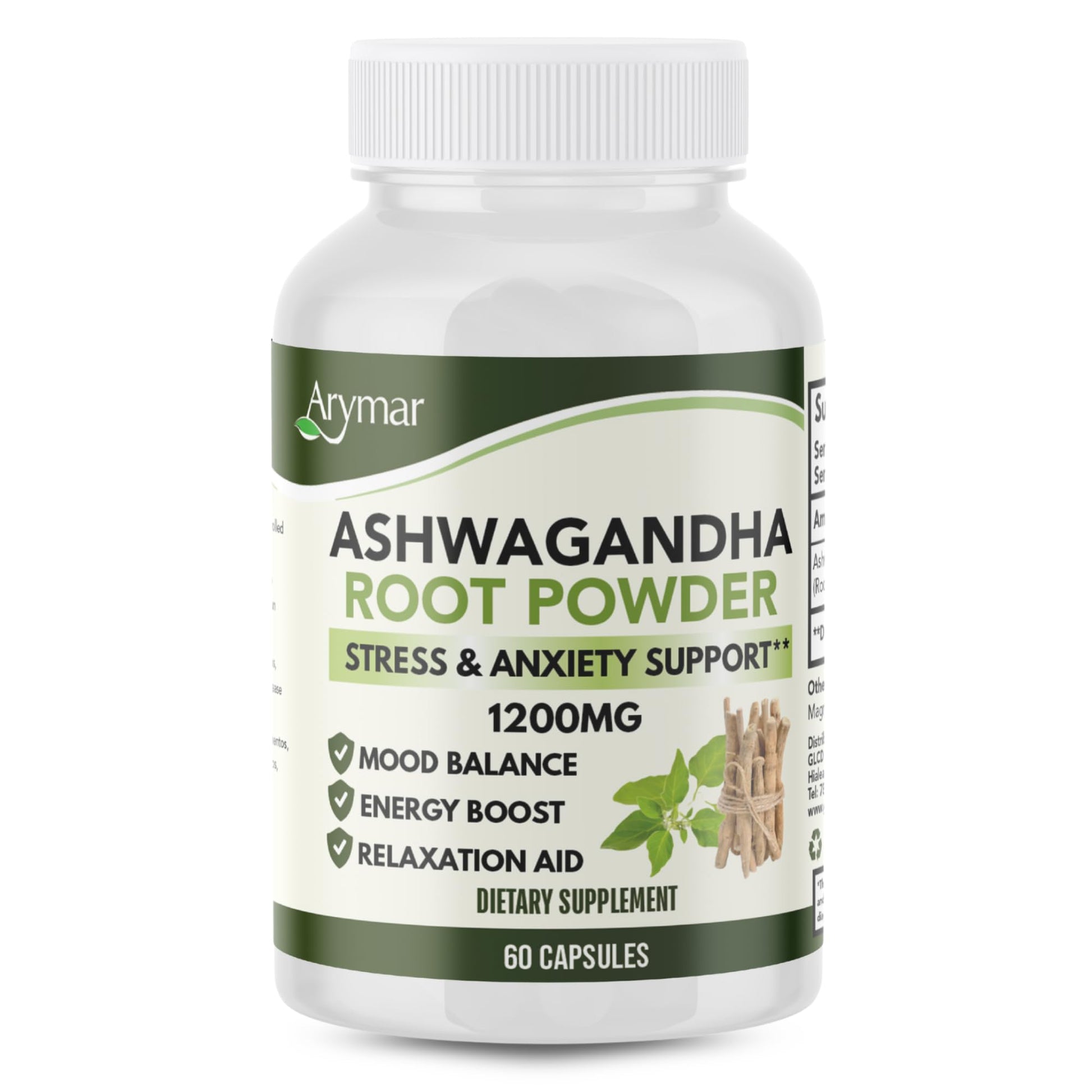 Arymar Ashwagandha Root Powder Capsules, 60 Capsules