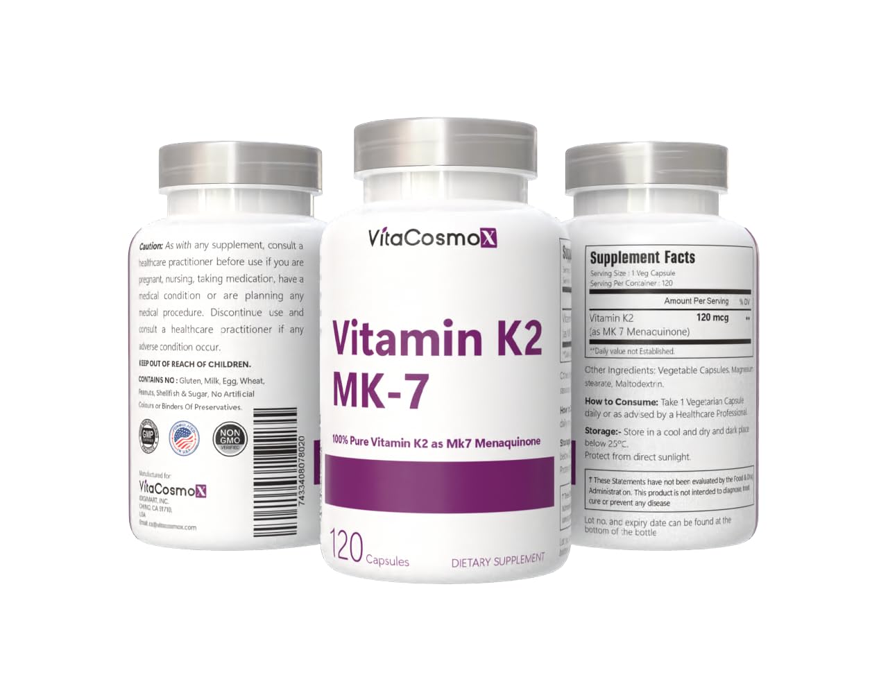 VitaCosmoX Vitamin K2 MK-7 Supplement, Capsule, 120 Count