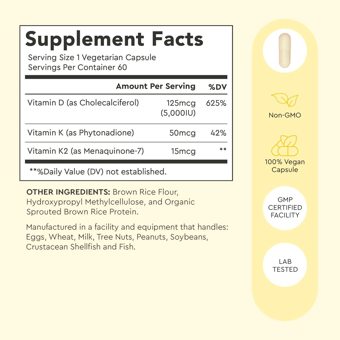 Alaya Naturals Vitamin D3 K2 5000IU with MK-7 for Bone & Immune Support, 60 Capsules