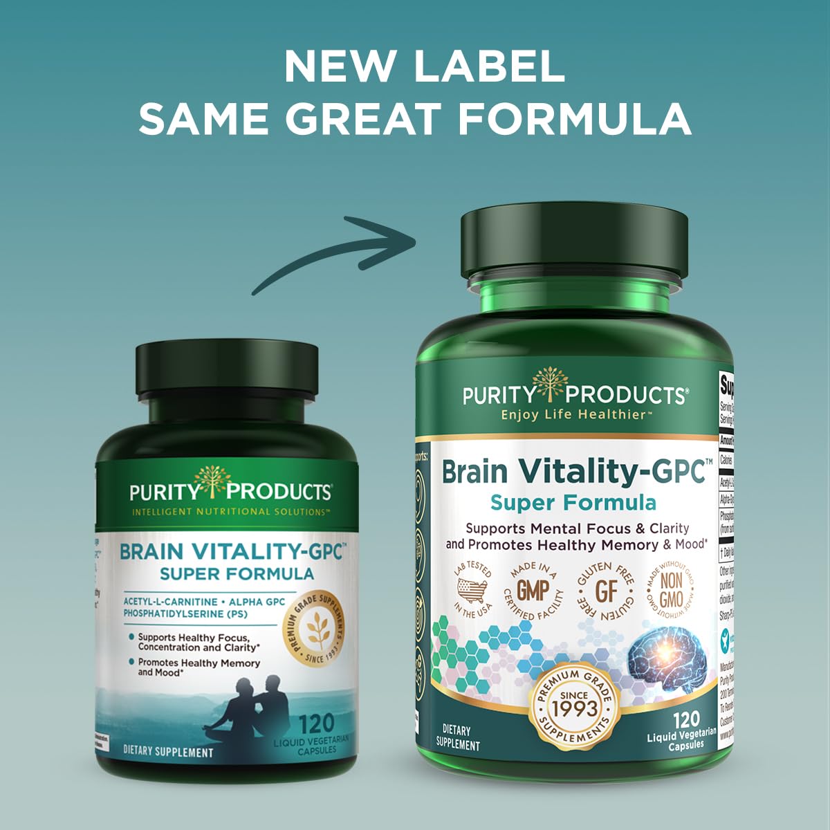 Purity Products Brain Vitality-GPC Super Formula Acetyl-L-Carnitine HCI + Alpha GPC + Phosphatidylserine - Supports Normal Concentration and Mental Clarity, 120 Capsules
