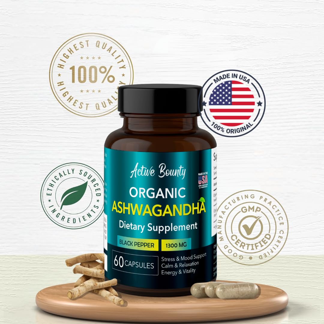 Active Bounty Organic Ashwagandha 1300mg with Black Pepper for Enhanced Absorption, 60 Capsules