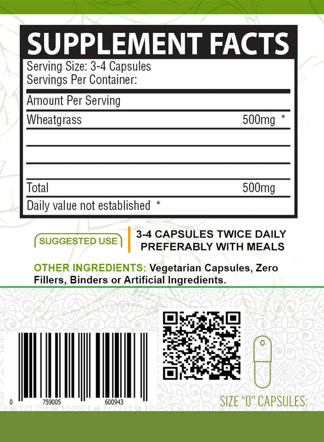 NutreeVit Pure Organic Wheatgrass Superfood Powder 500 mg, 60 Capsules