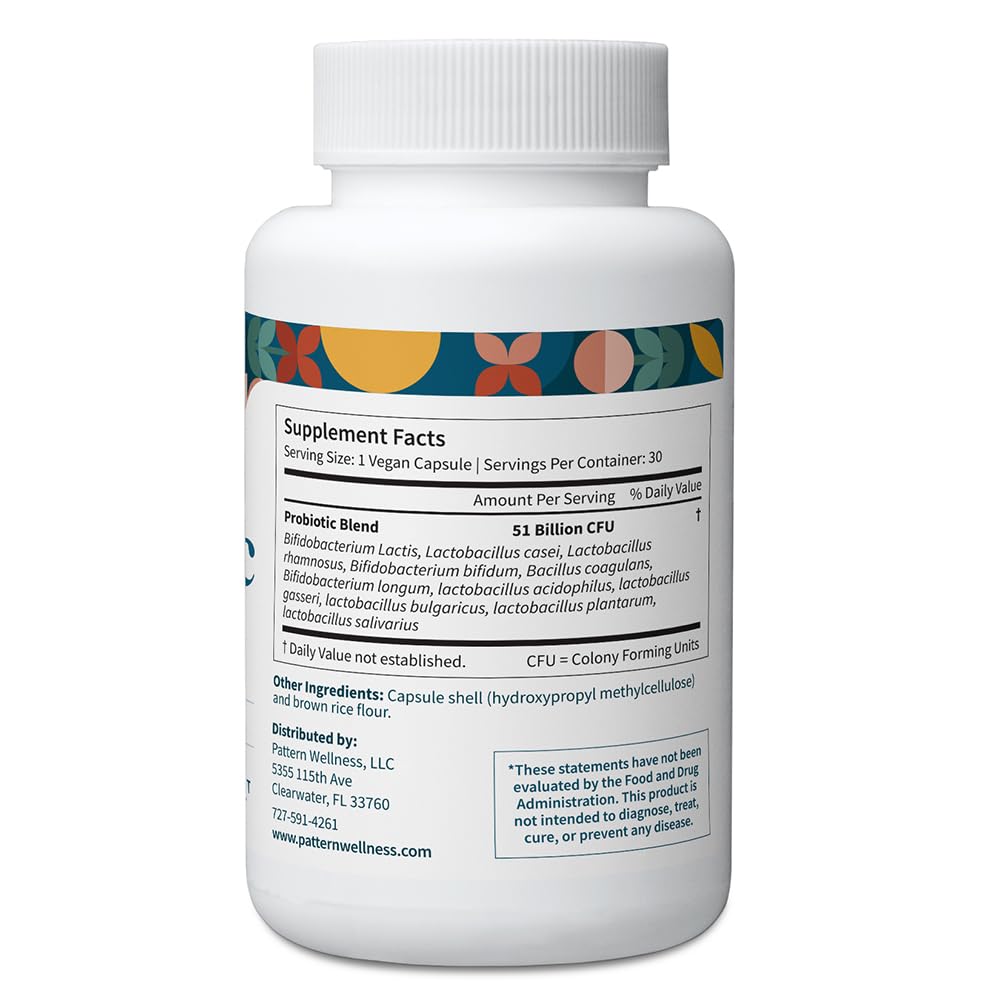Pattern Wellness Probiotic Supplement - 51 Billion CFU - Supports Digestive Balance & Gut Wellness - Mindfully Sourced, Non-GMO, 60 Vegan Capsules