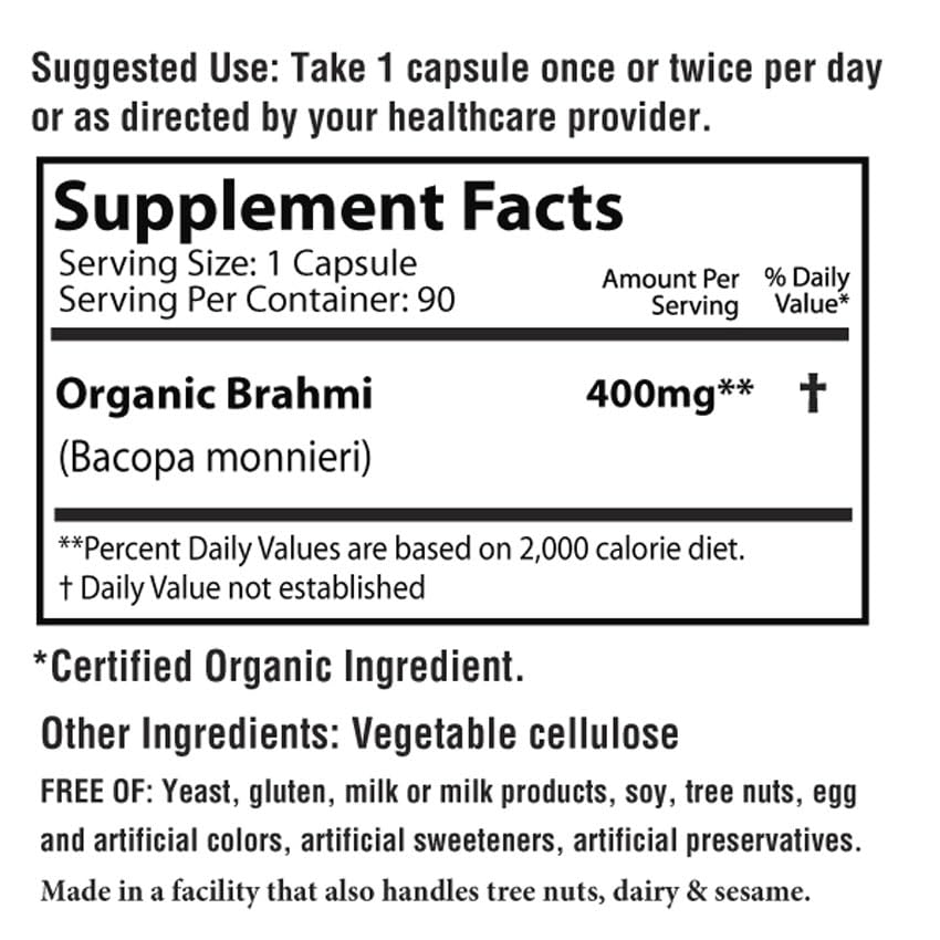 AyurBest Brahmi Bacopa Herbal Supplements 400mg Capsules 90 Count