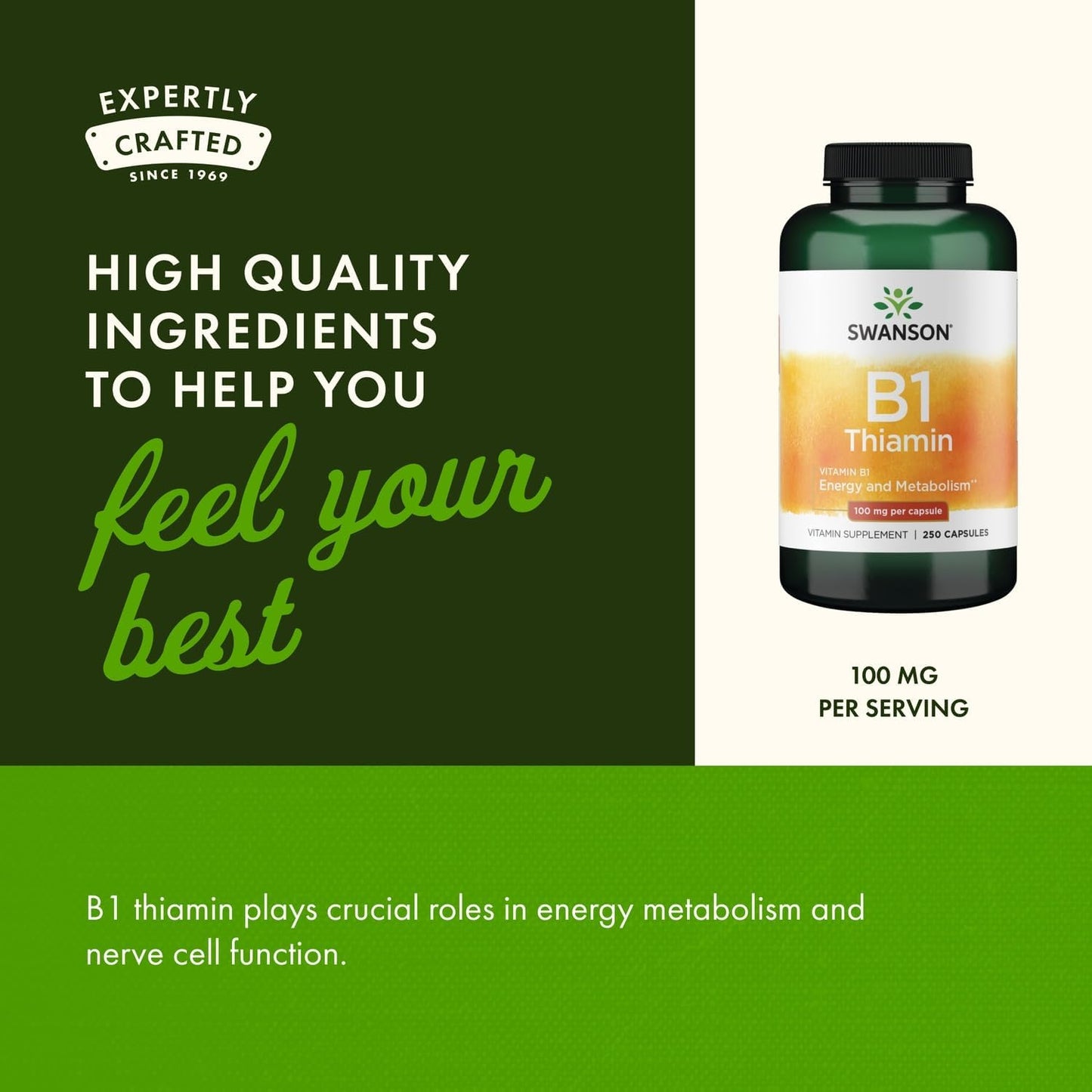 Swanson Vitamin B1 (Thiamin) 100 mg, 250 Capsules