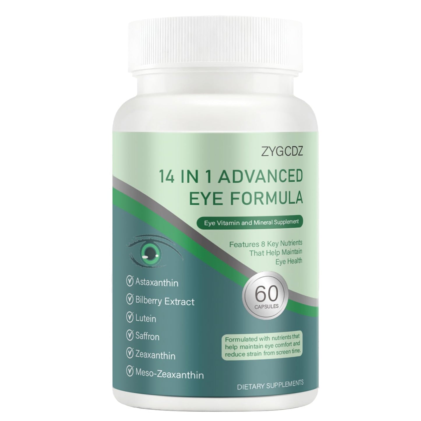 ZYGCDZ 14-in-1 Advanced Eye Vitamin Supplement with Lutein, Zeaxanthin, Bilberry Extract & Zinc for Adults - Supports Vision, Macula & Blue Light Protection, 60 Capsules