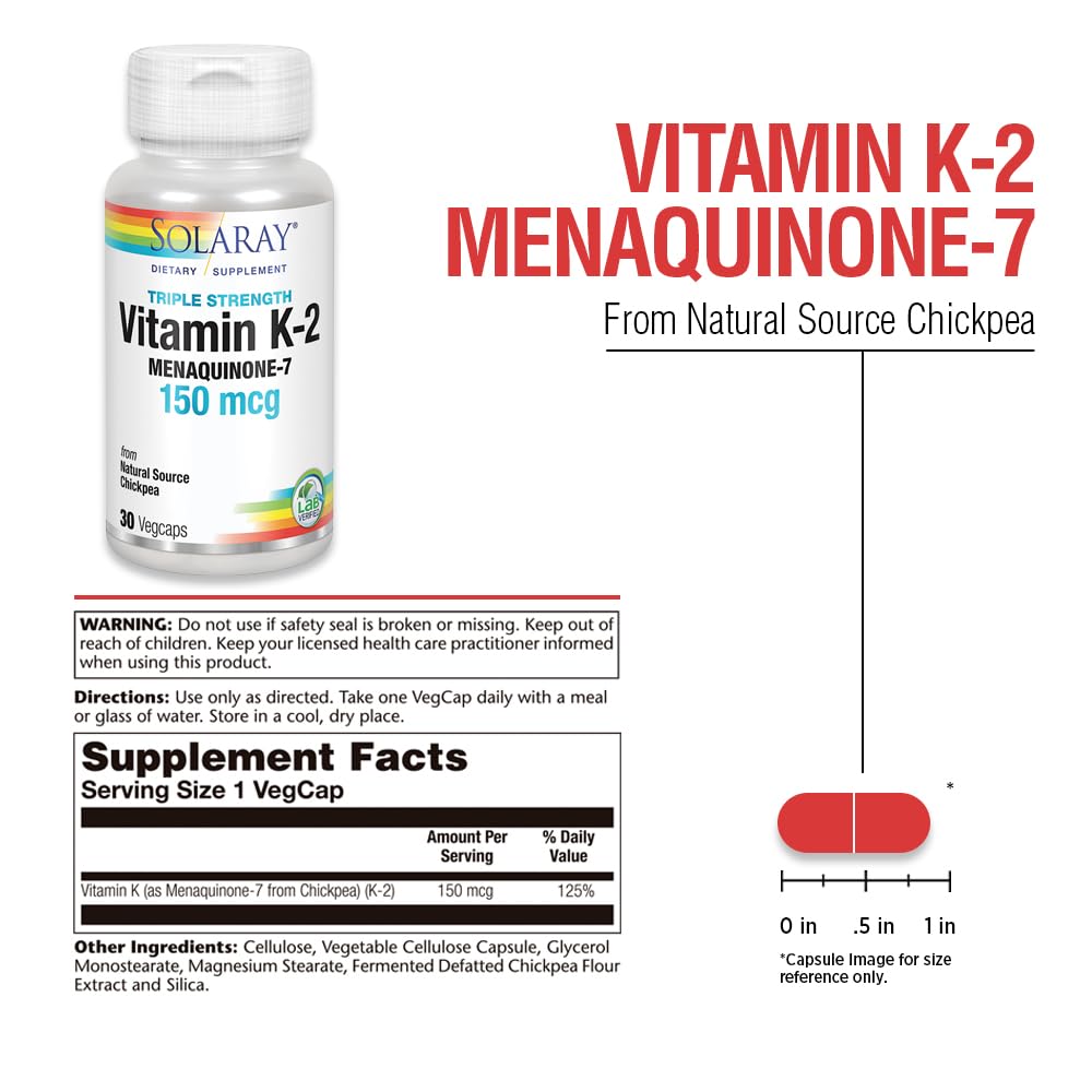 Solaray Triple Strength Vitamin K-2 as MK-7 150 mcg - Vitamin K2 MK7 Supplement for Bone Health Support, Pure Vit K2 as Menaquinone for Women and Men VegCap 30