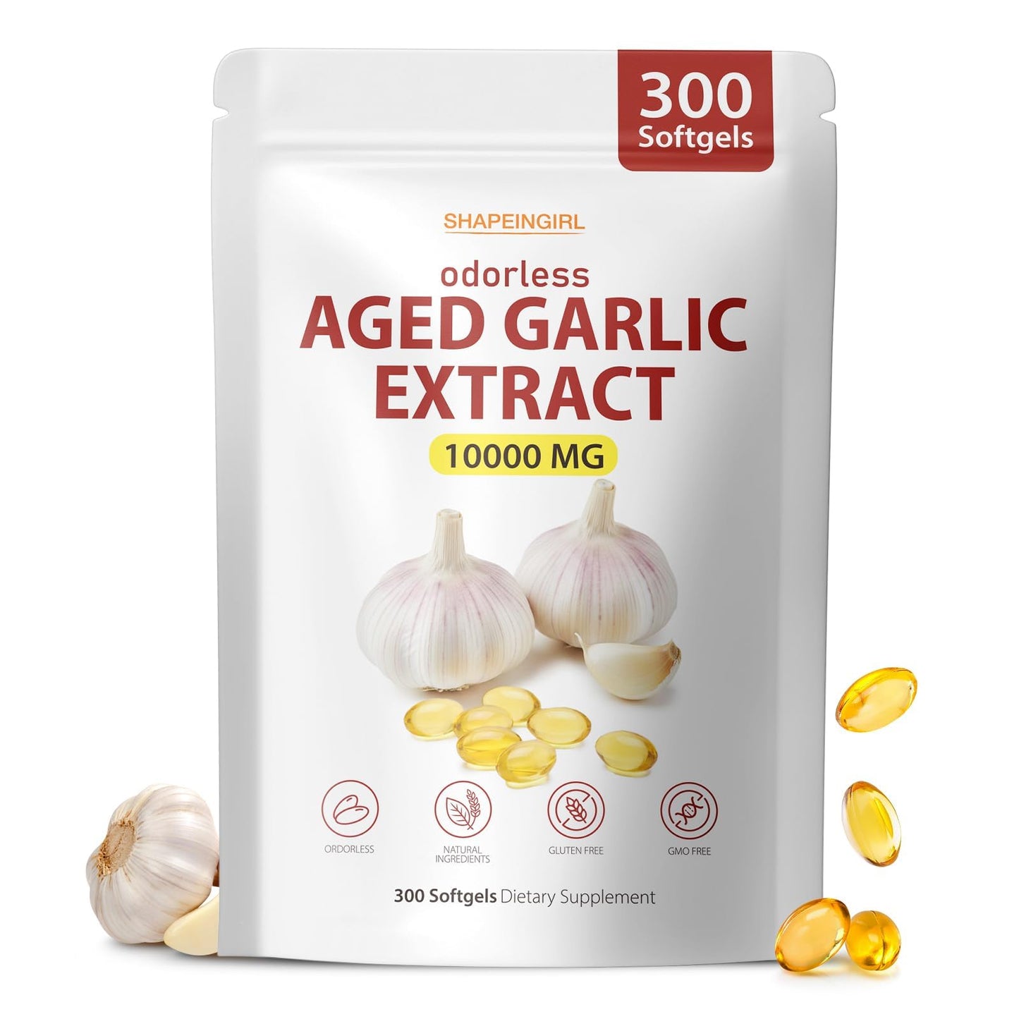 SHAPEINGIRL Aged Garlic Extract 10000mg Odorless Organic Garlic Supplements for Daily Wellness & Cardiovascular Wellness, Supports Immune & Antioxidant Health, Non-GMO, Gluten-Free, 300 Softgels