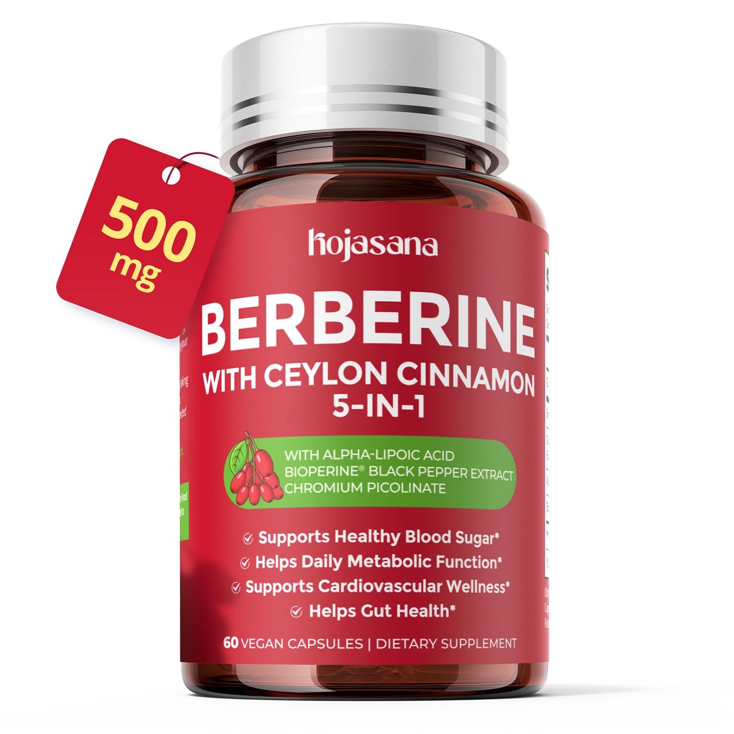 HojaSana 5-in-1 Berberine Complex 500mg with Ceylon Cinnamon Capsules, 60 Count