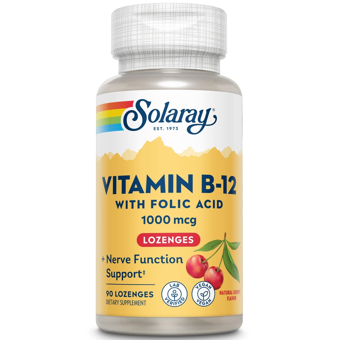 SOLARAY Vitamin B-12 1000mcg Lozenges with Folic Acid | Natural Cherry Flavor | Healthy Energy Support, 90 Lozenges