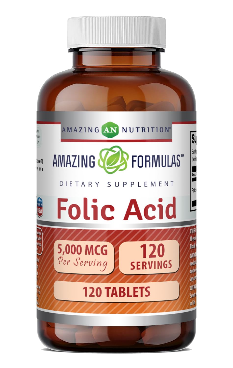 Amazing Nutrition Folic Acid 5000 mcg Tablets 120 Count