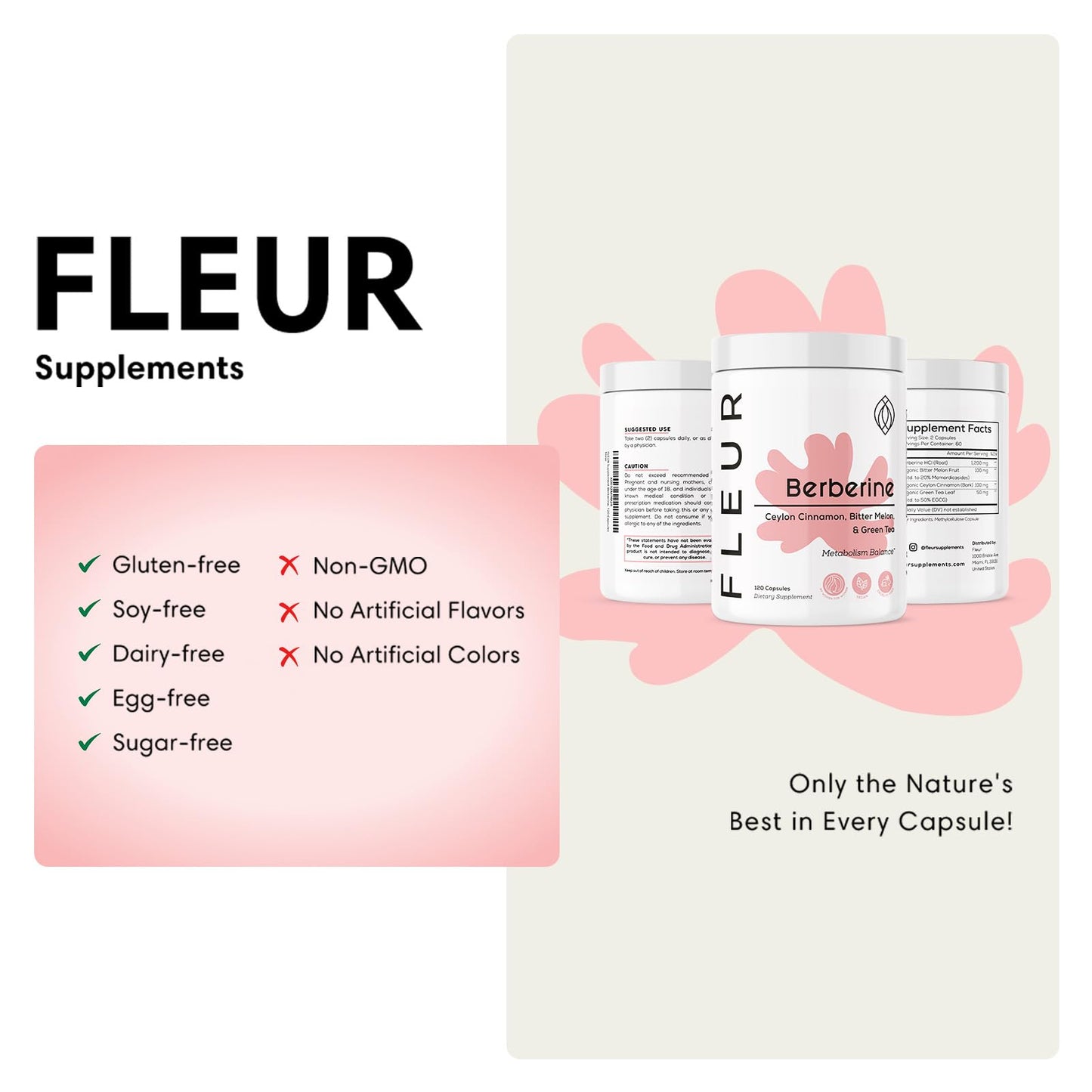 FLEUR Berberine HCL with Organic Cinnamon, Bitter Melon & Green Tea Extract Capsules, 120 Count