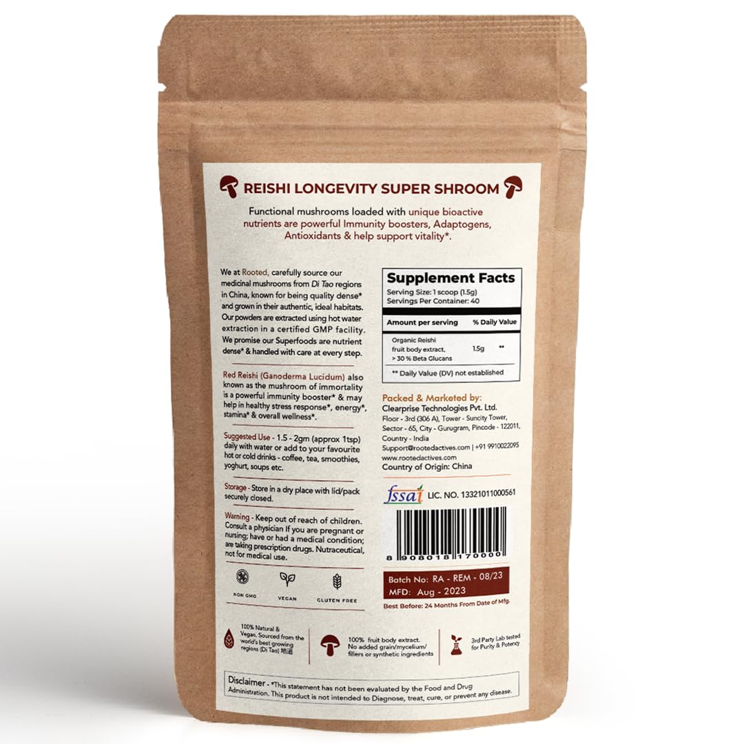 Rooted Active Naturals Reishi Mushroom Extract Powder 2.12 Ounce