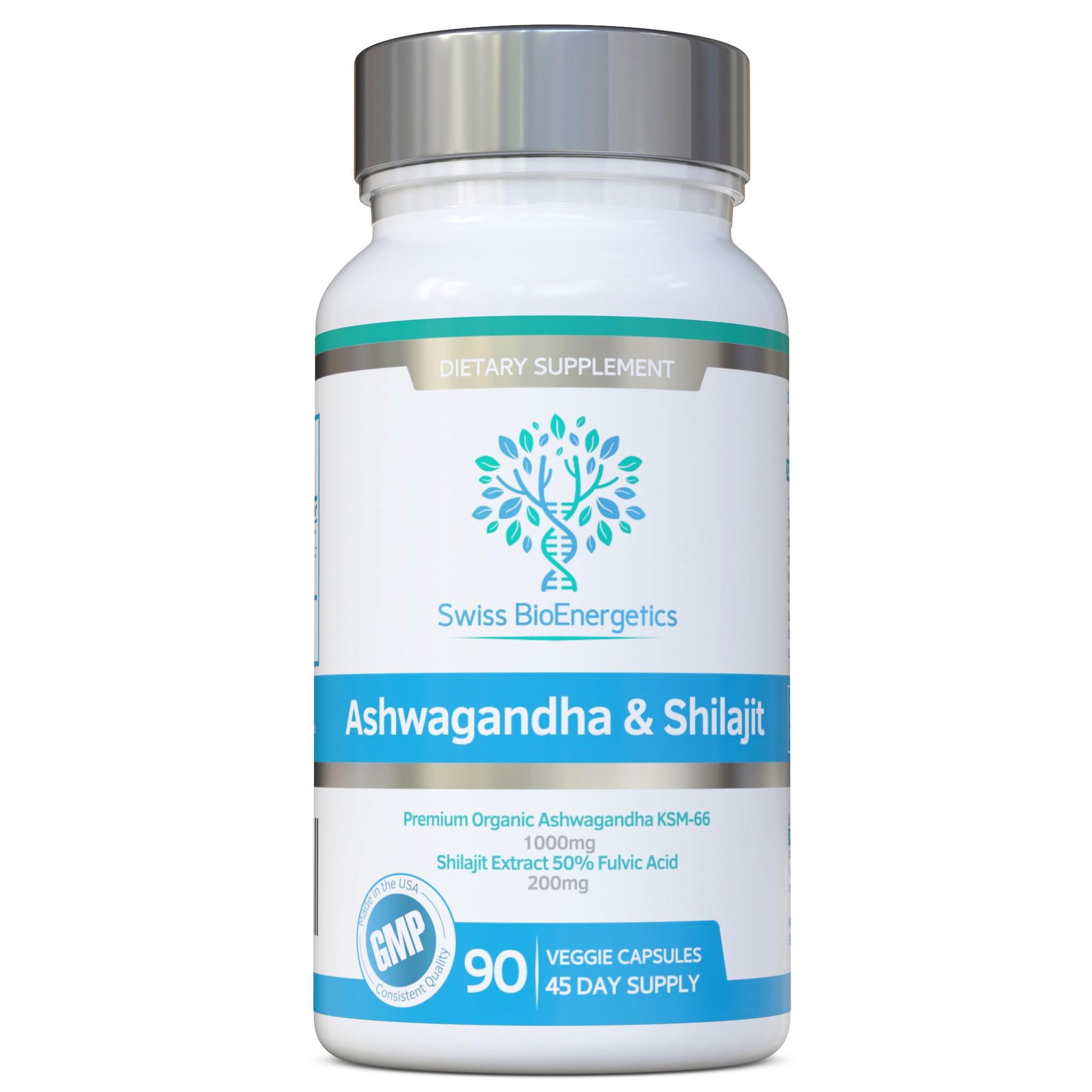 Swiss Bioenergetics Ashwagandha & Shilajit KSM-66 1000mg & Purified Shilajit Extract 200mg (50% Fulvic Acid), 90 Capsules