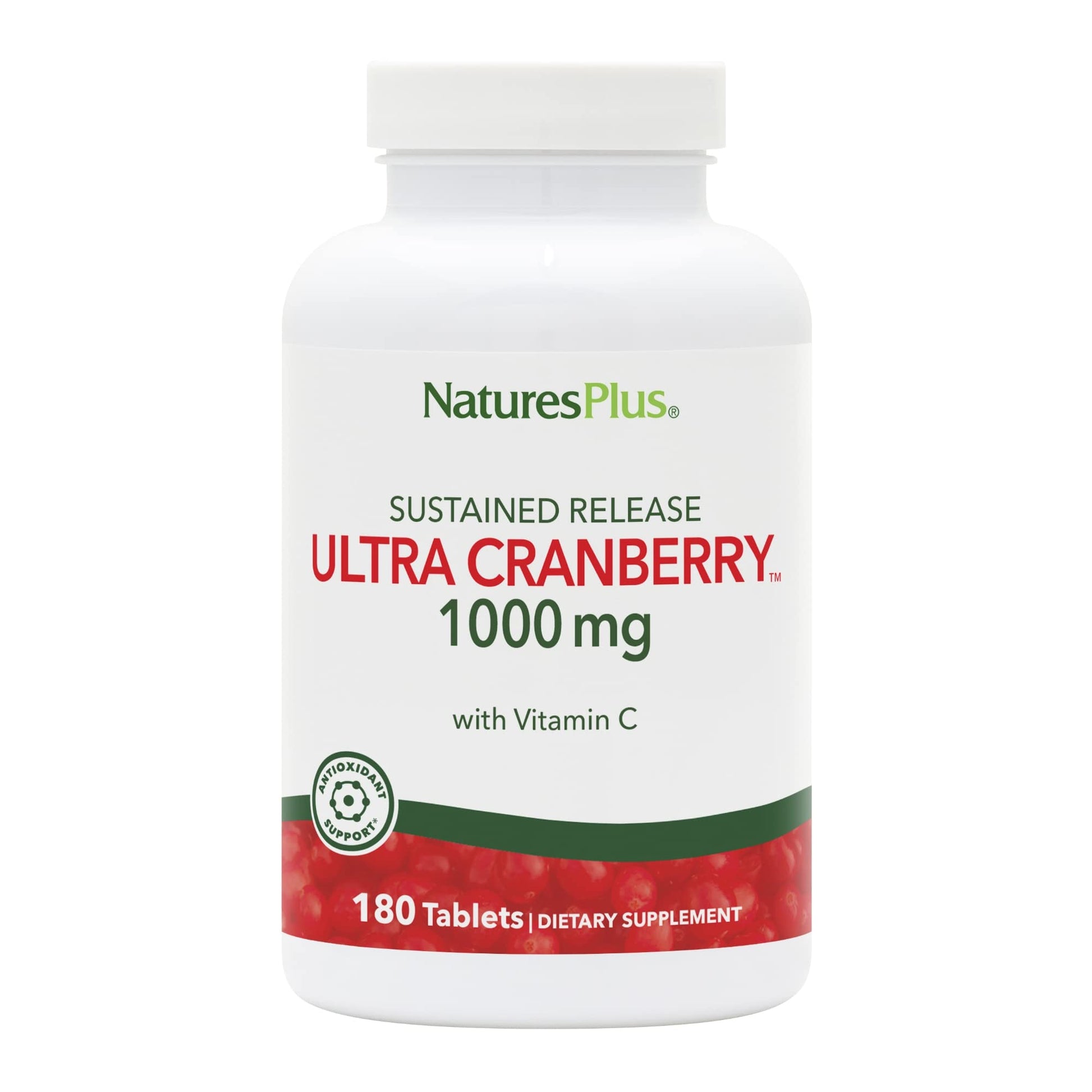 NaturesPlus Ultra Cranberry Sustained Release 1000mg with Vitamin C, Vegetarian, Gluten Free - 180 Tablets