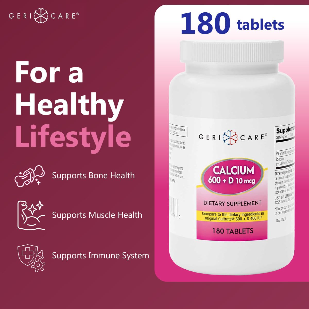 GeriCare Calcium 600mg Vitamin D 10mcg Tablets, 180 Count