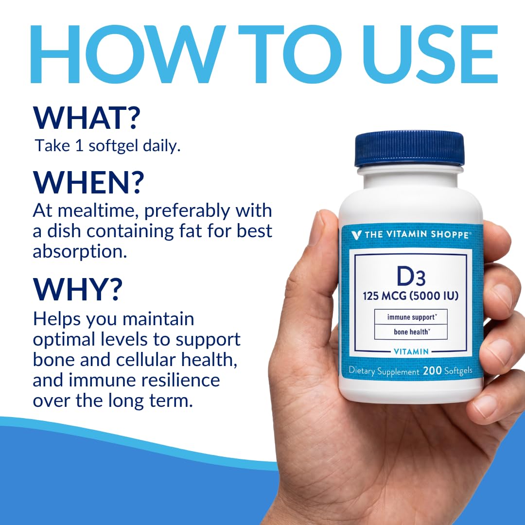 The Vitamin Shoppe Vitamin D3 5000 IU Supplement Softgels, 200 Count