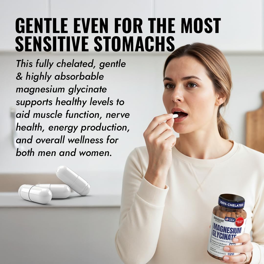 Benevolent Nourishment Magnesium Glycinate Capsules 500mg, High Absorption Formula, 120 Capsules