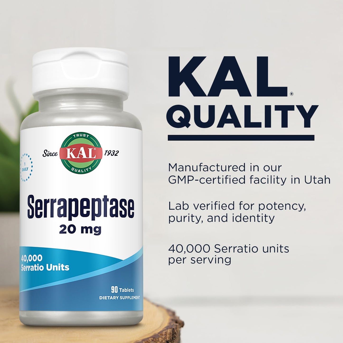 KAL Serrapeptase 20 mg Tablet - Proteolytic Digestive Enzymes for Digestive Health Support, 40,000 Serratio Units, Enteric Coated, 90 Tablets