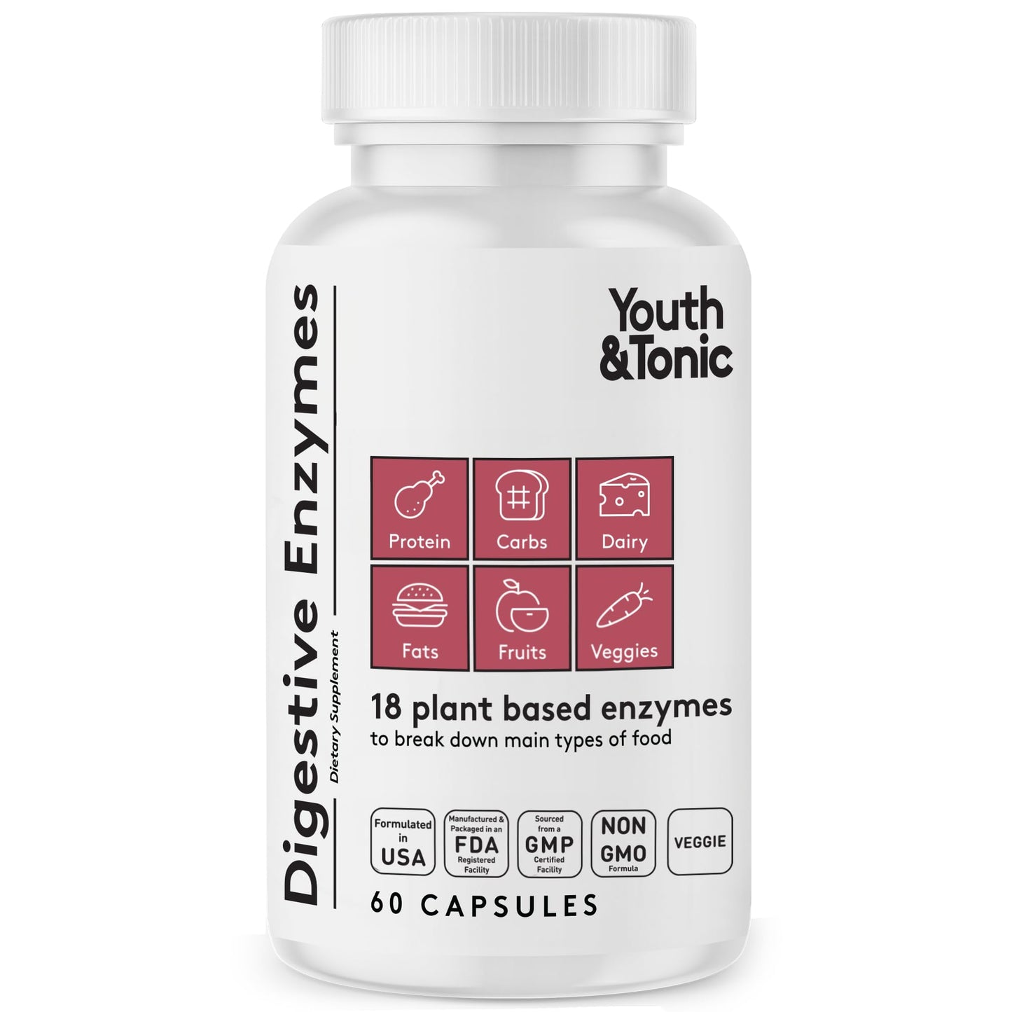 Youth & Tonic Digestive Enzymes with Amylase, Bromelain, Lipase, Lactase, Protease, Papain Capsule 60 Count