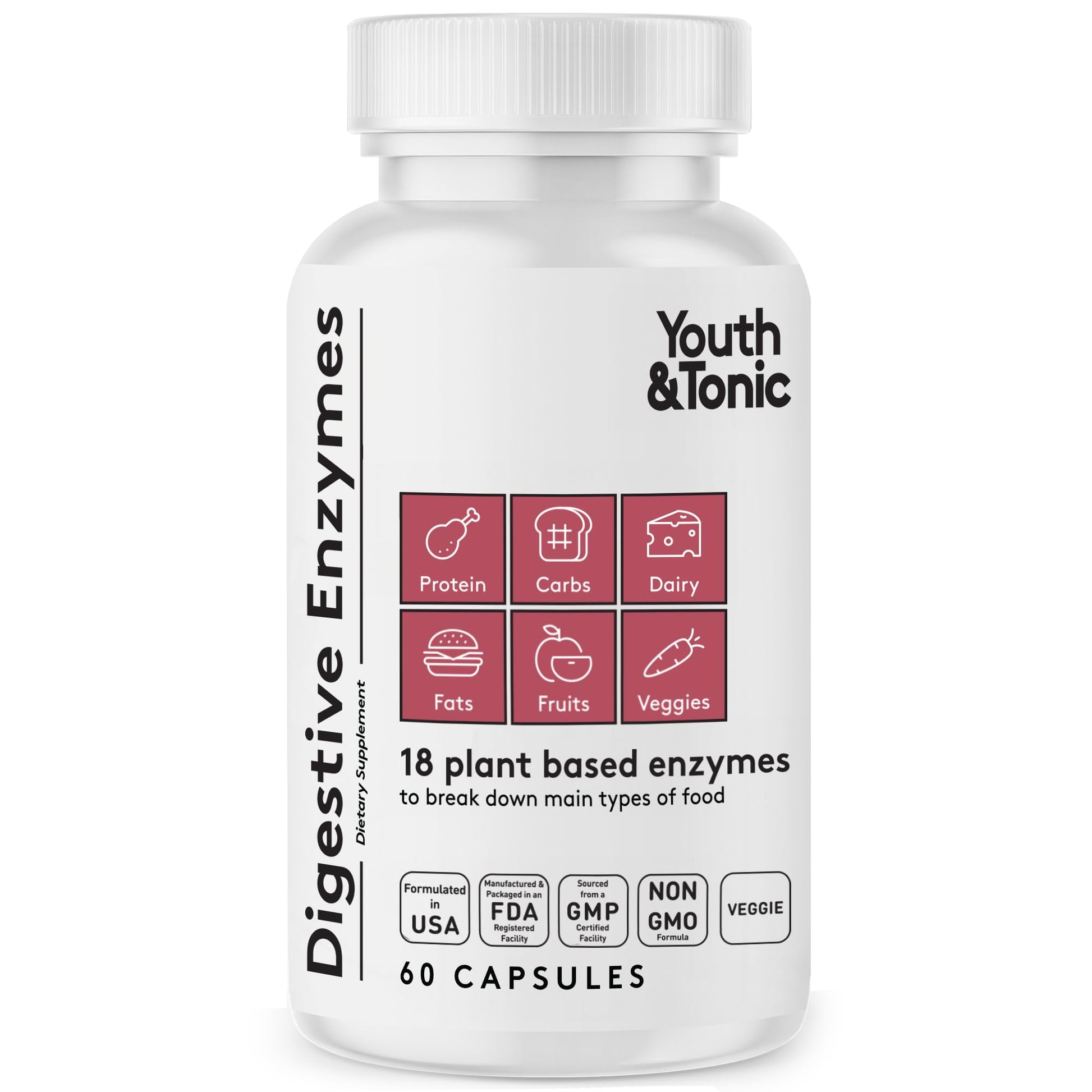 Youth & Tonic Digestive Enzymes with Amylase, Bromelain, Lipase, Lactase, Protease, Papain Capsule 60 Count