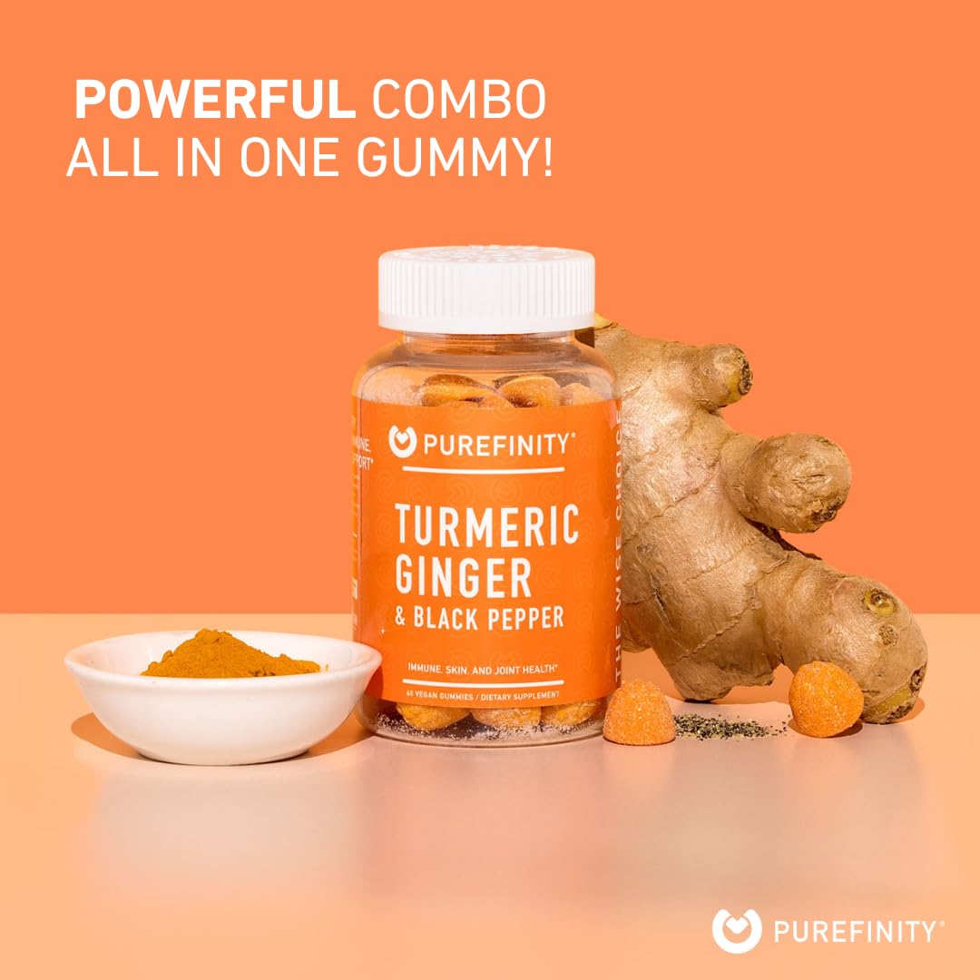 PUREFINITY Turmeric and Ginger Supplement Gummies with Black Pepper, Joint Support Curcumin Chewables, 60 Count