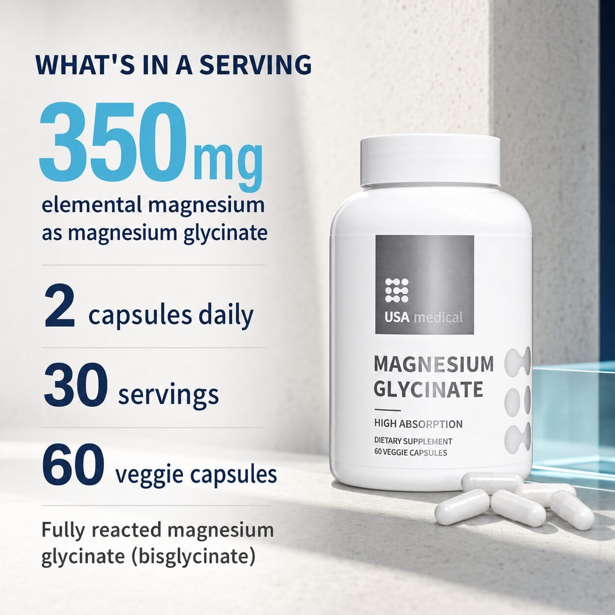 USA Medical Magnesium Glycinate 350 mg Vegetable Capsule, 60 Count