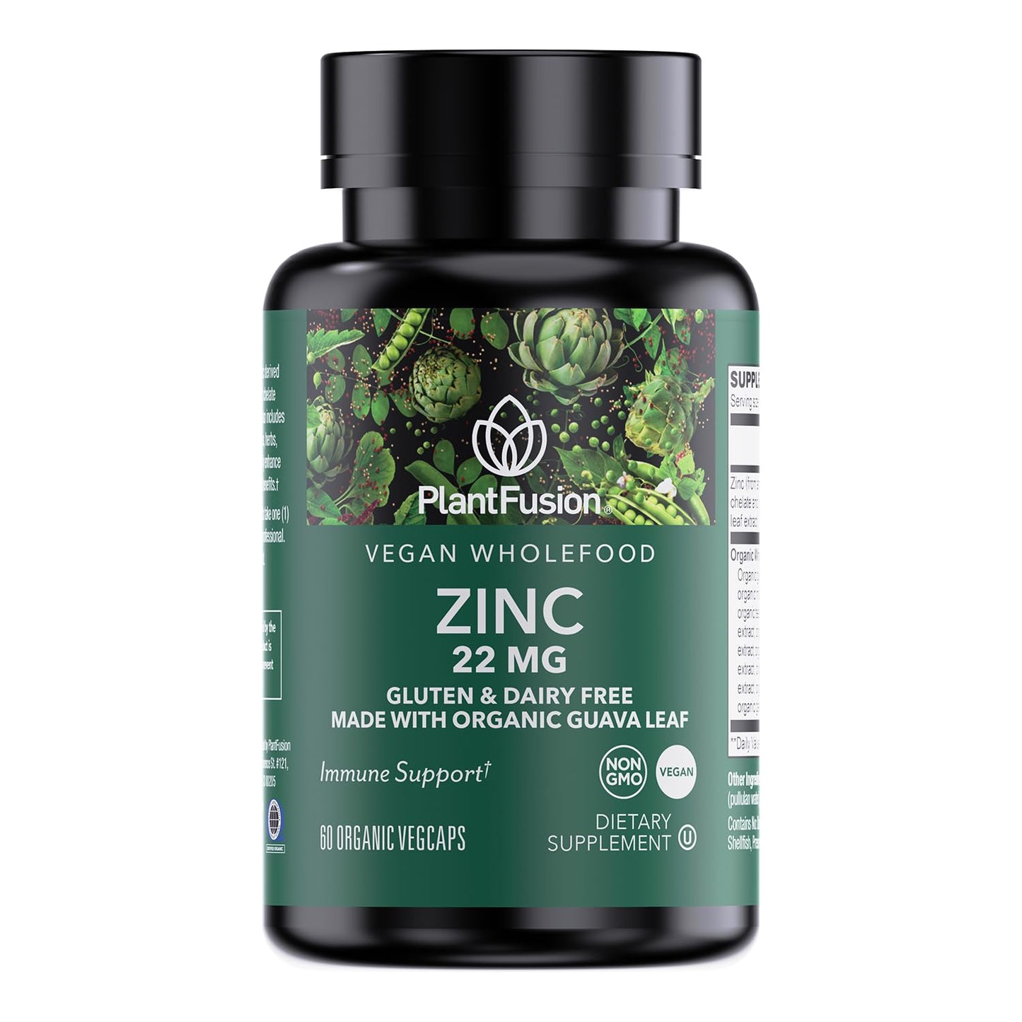 PlantFusion Vegan Zinc Supplements 22 mg Wholefood Complex, Chelated Zinc Citrate from Organic Guava Leaf for Immune Support, 60 Capsules