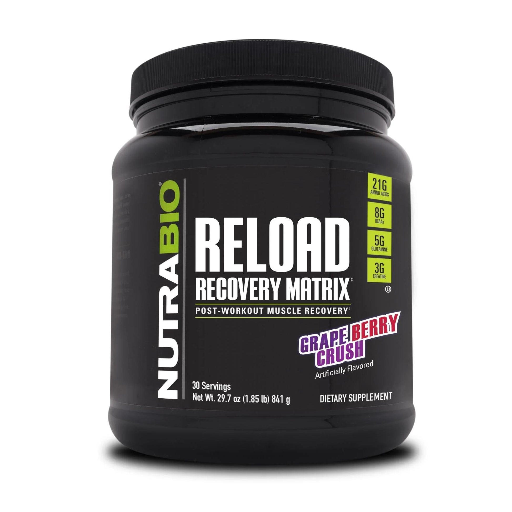 NutraBio Reload Powder 30 Servings - Powerful Muscular Recovery Formula - Post-Workout Supplement - 3G Creatine - 8G BCAAs - 5G Glutamine