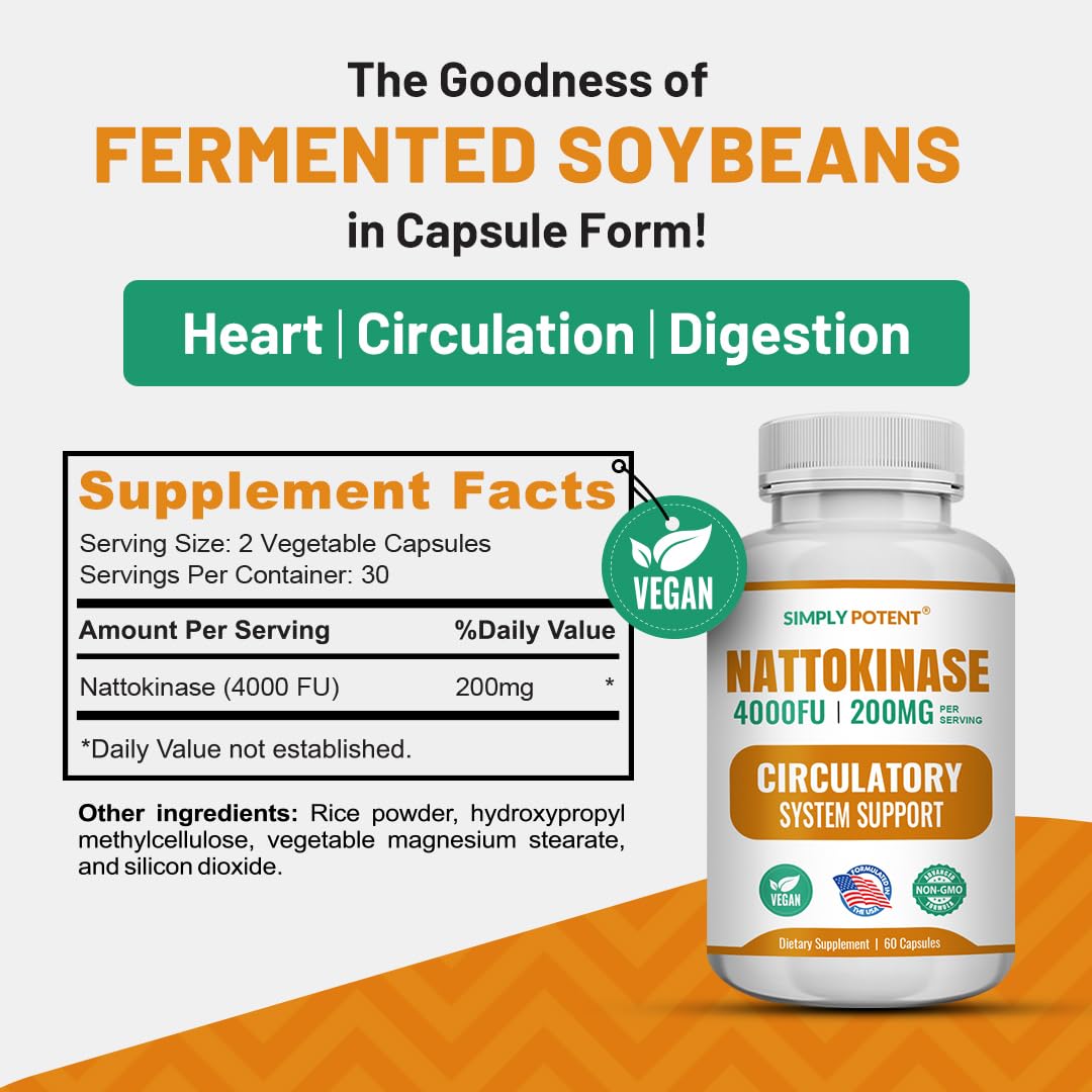 Simply Potent Nattokinase Supplement 200mg Per Serving (4000 FU Enzyme Activity) Capsules, 60 Count