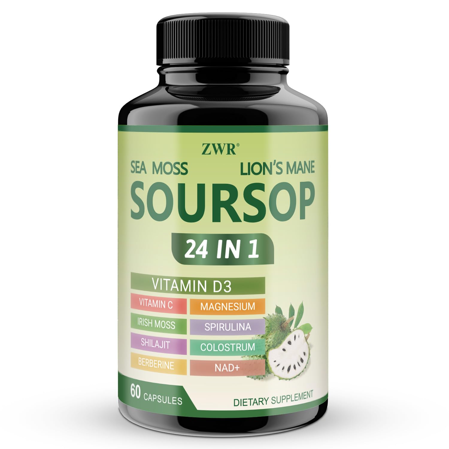ZWR Soursop Capsules 24 in 1 with Sea Moss, Lion's Mane, Shilajit & Berberine, Soursop Graviola Supplement with Vitamin C, D3 & Magnesium, Immune & Digestive Wellness Support, 60 Capsules