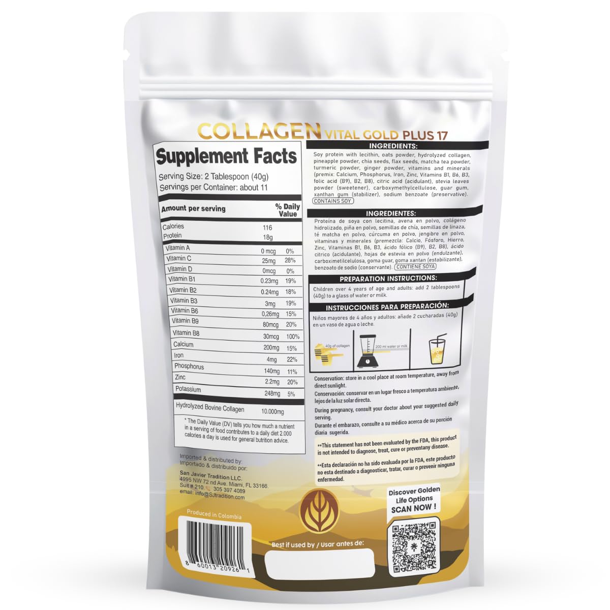 Gold Vital Life Collagen Peptides Powder - Hydrolyzed Collagen with +17 Super Ingredients, 16 oz