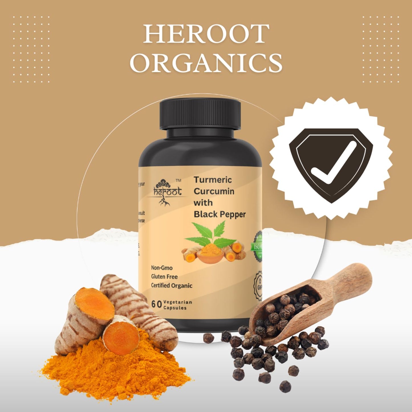 Heroot Turmeric Extract 1000mg with 95% Curcumin & Black Pepper Turmeric Complex Supplement, Capsule, 120 Count, Non-GMO, Gluten Free