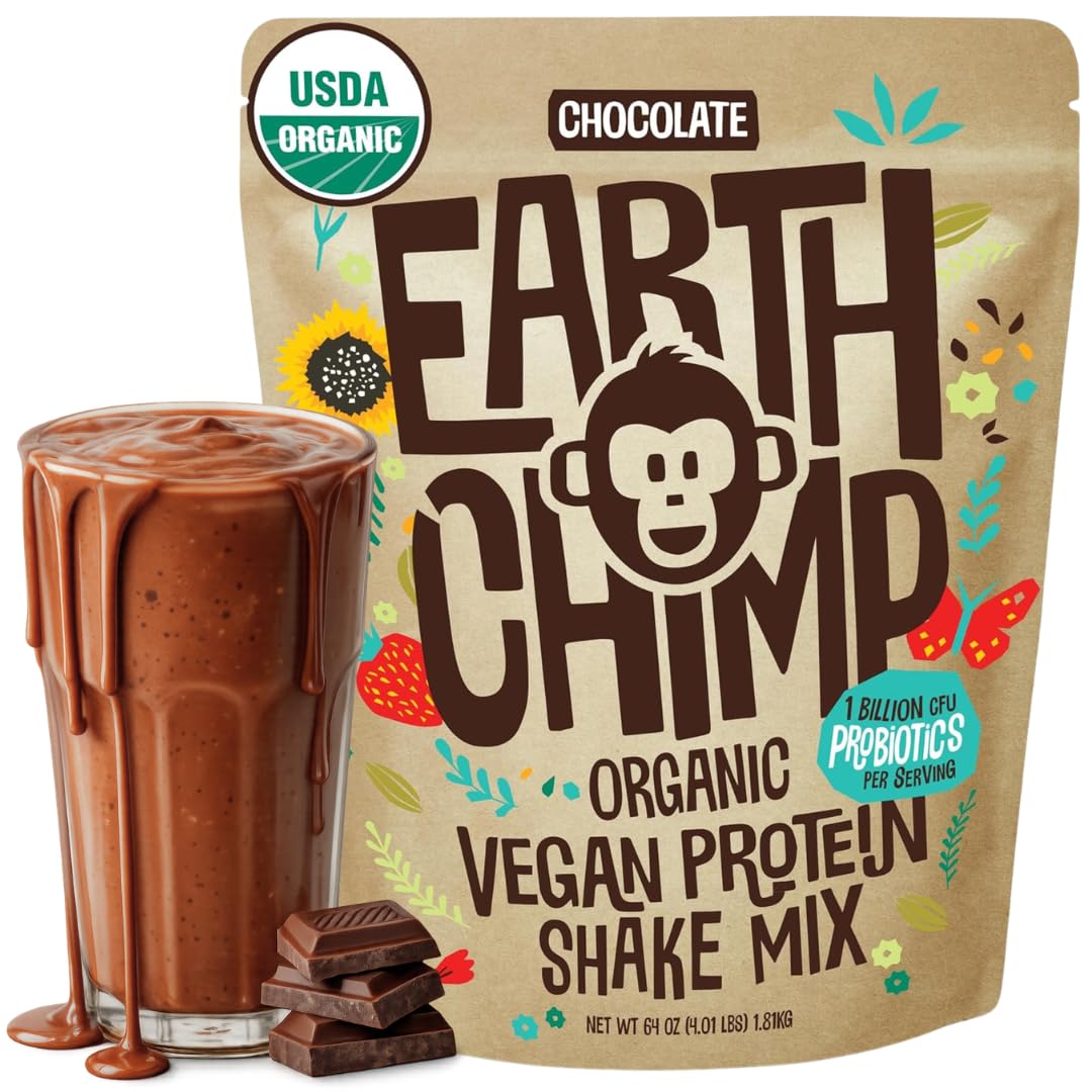 EarthChimp Organic Vegan Protein Powder with Probiotics, Non-GMO, Dairy Free, Plant-Based, Gluten Free - 64 oz, Chocolate