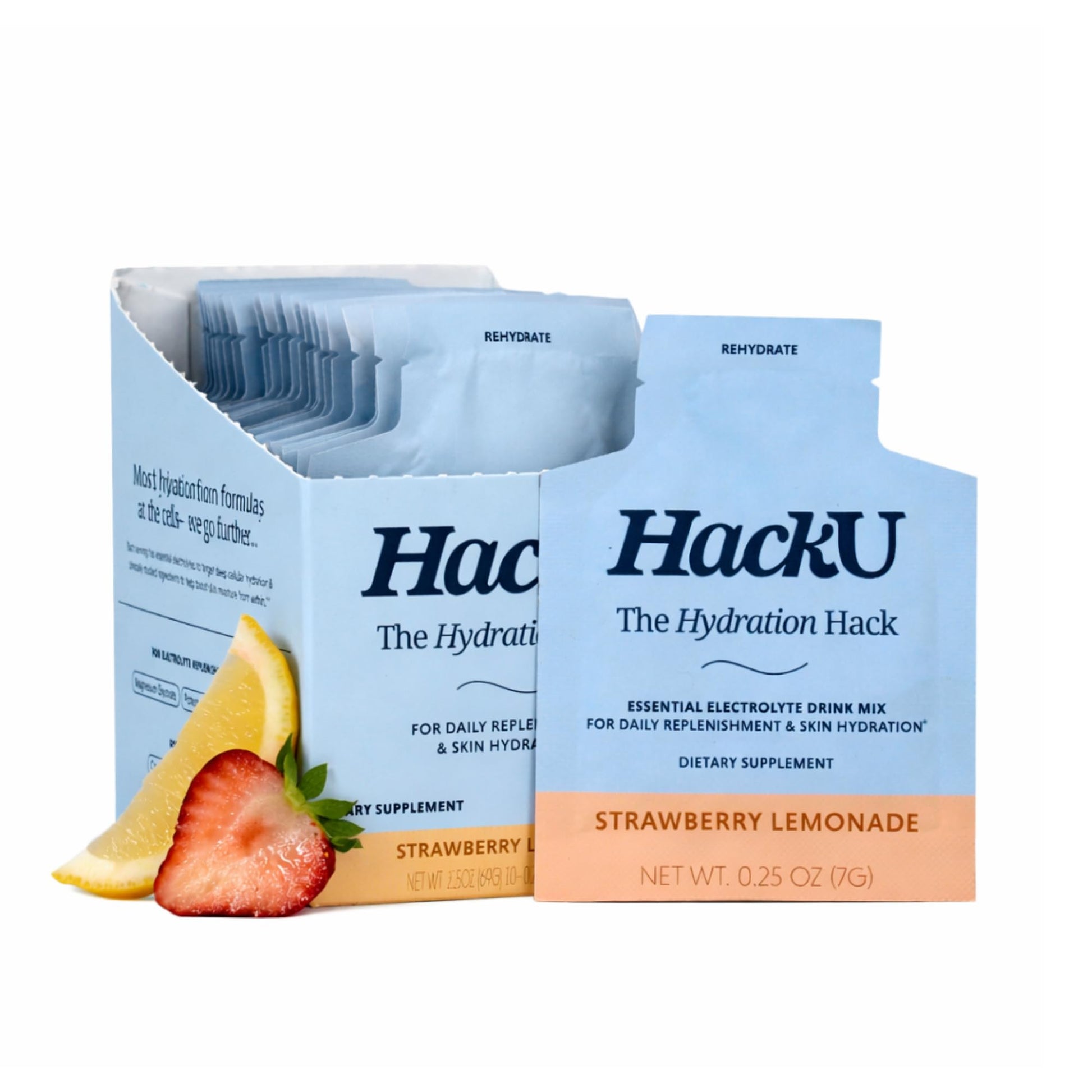 HackU Sugar-Free Electrolyte Packets Daily Skin Hydration Strawb Lemonade Powder, 25 Packets