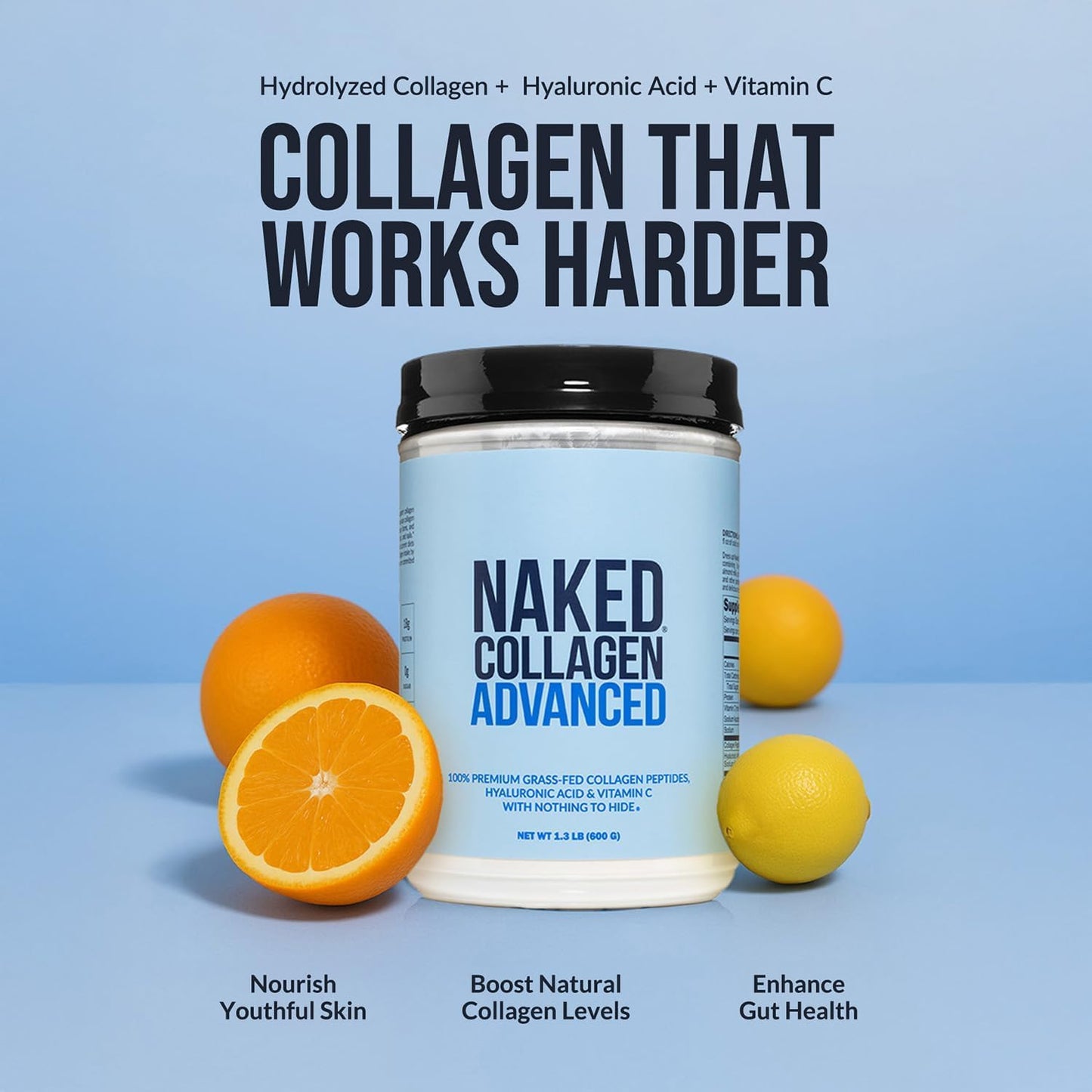 NAKED Vanilla Collagen Advanced - Peptides Protein Powder, Hyaluronic Acid, Vitamin C, Pasture-Raised, Grass-Fed Hydrolyzed Collagen Supplement, Paleo Friendly, Non-GMO, Keto, Gluten Free, 1.3LB