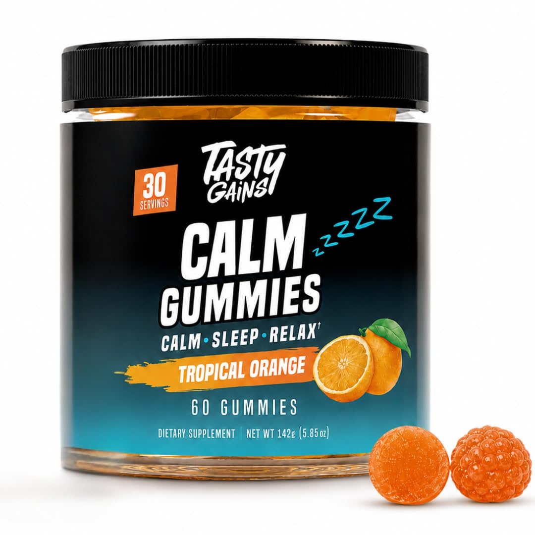 TASTY GAINS Calm Gummies Magnesium Glycinate with L-Theanine, GABA, Ashwagandha & Lemon Balm - Sleep & Relaxation Support - Vegan, Tropical Orange - 60 Count