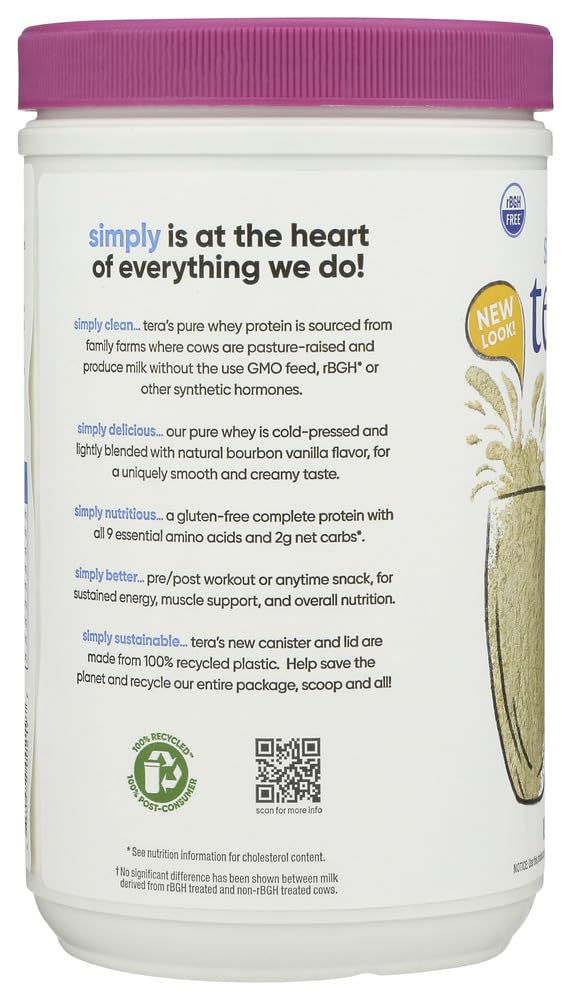 Simply Tera's Bourbon Vanilla Flavor Pure Whey Protein Powder, Lactose Free, 12 Ounces