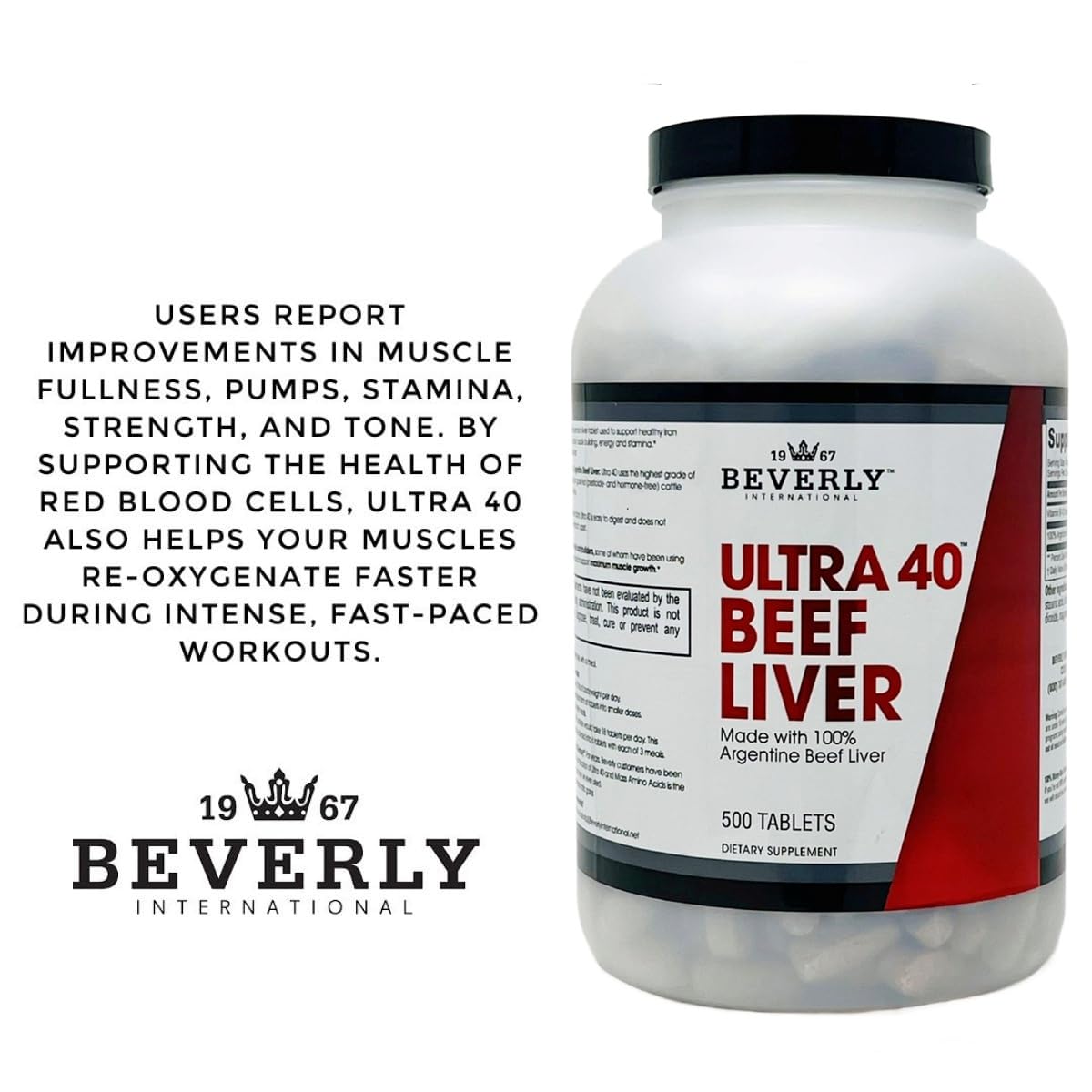 Beverly International Ultra 40 Grass Fed Desiccated Beef Liver Tablets, 500 Count