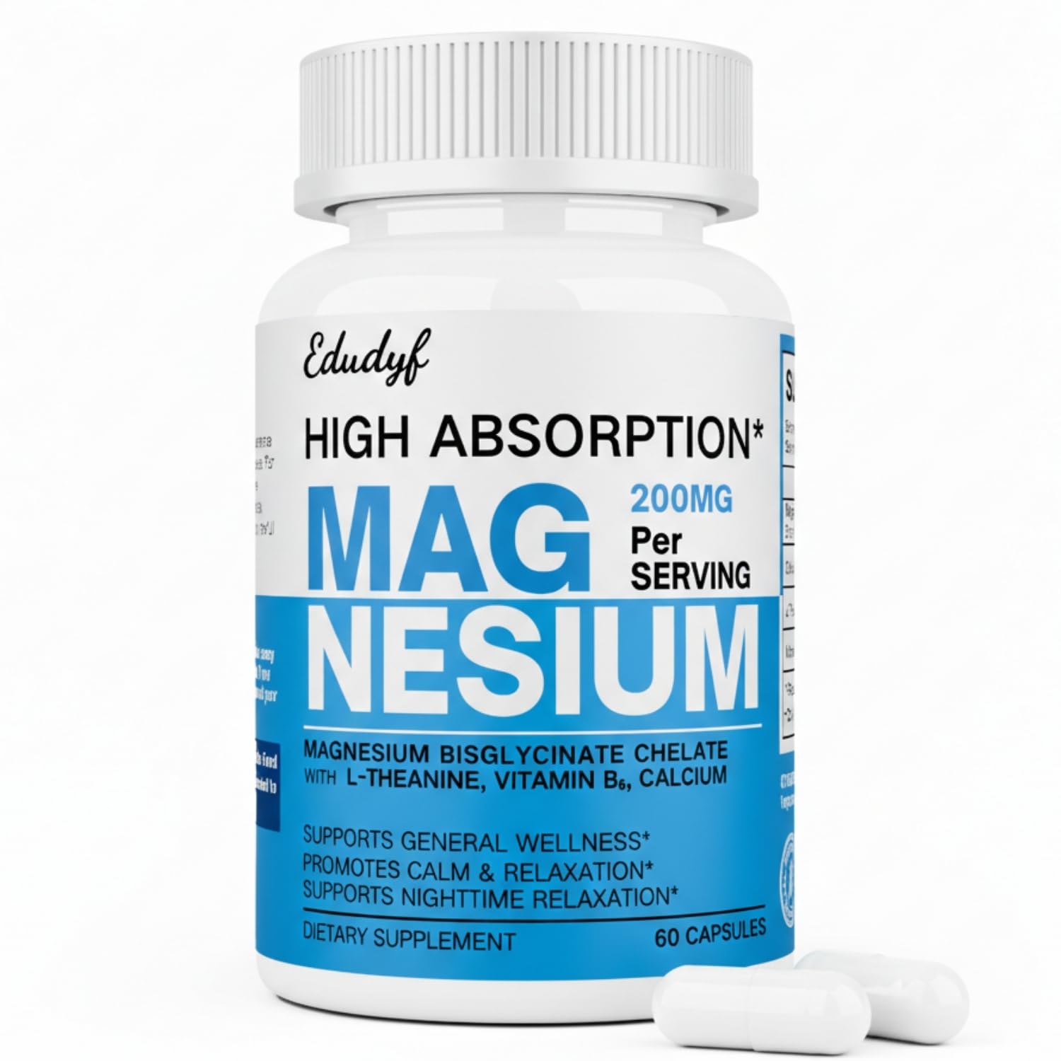 EDUDYF Chelated Magnesium Bisglycinate 200mg with L-Theanine, Calcium & Vitamin B6 (P5P) Capsule, 60 Count