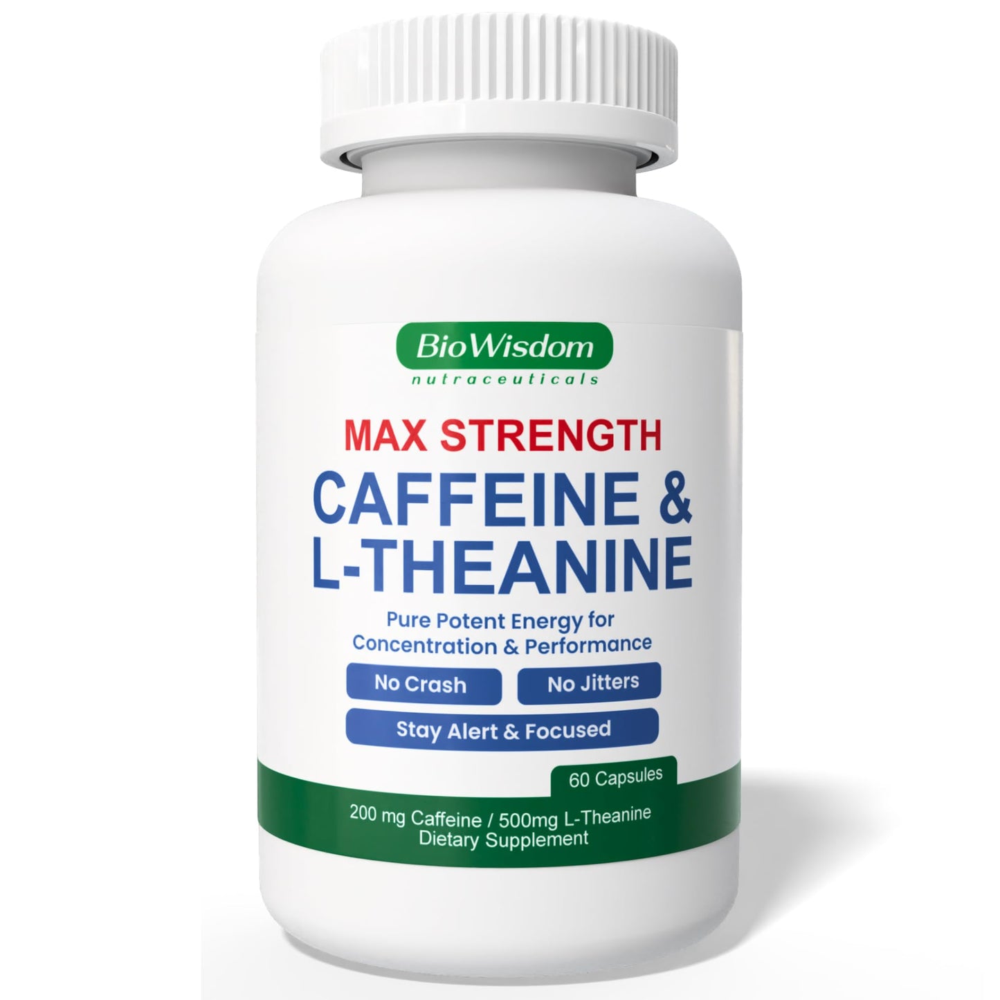 BioWisdom Nutraceuticals Max Strength Caffeine L-Theanine Capsules, 60 Count