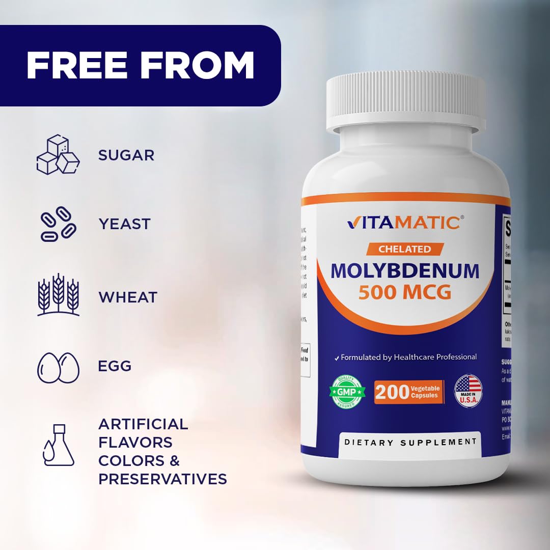 Vitamatic Chelated Molybdenum 500 mcg (as Molybdenum Glycinate Chelate) Capsules, 200 Count