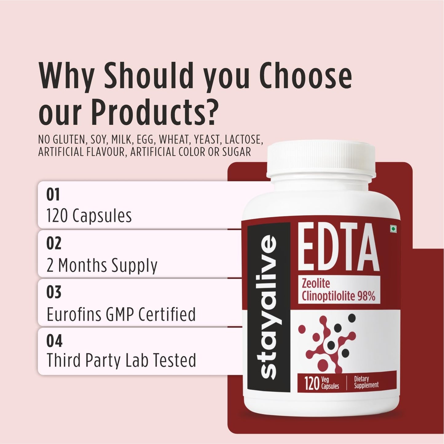 STAY ALIVE EDTA Capsules 1500mg with Zeolite 98% and Kale Extract Powder, 120 Capsules