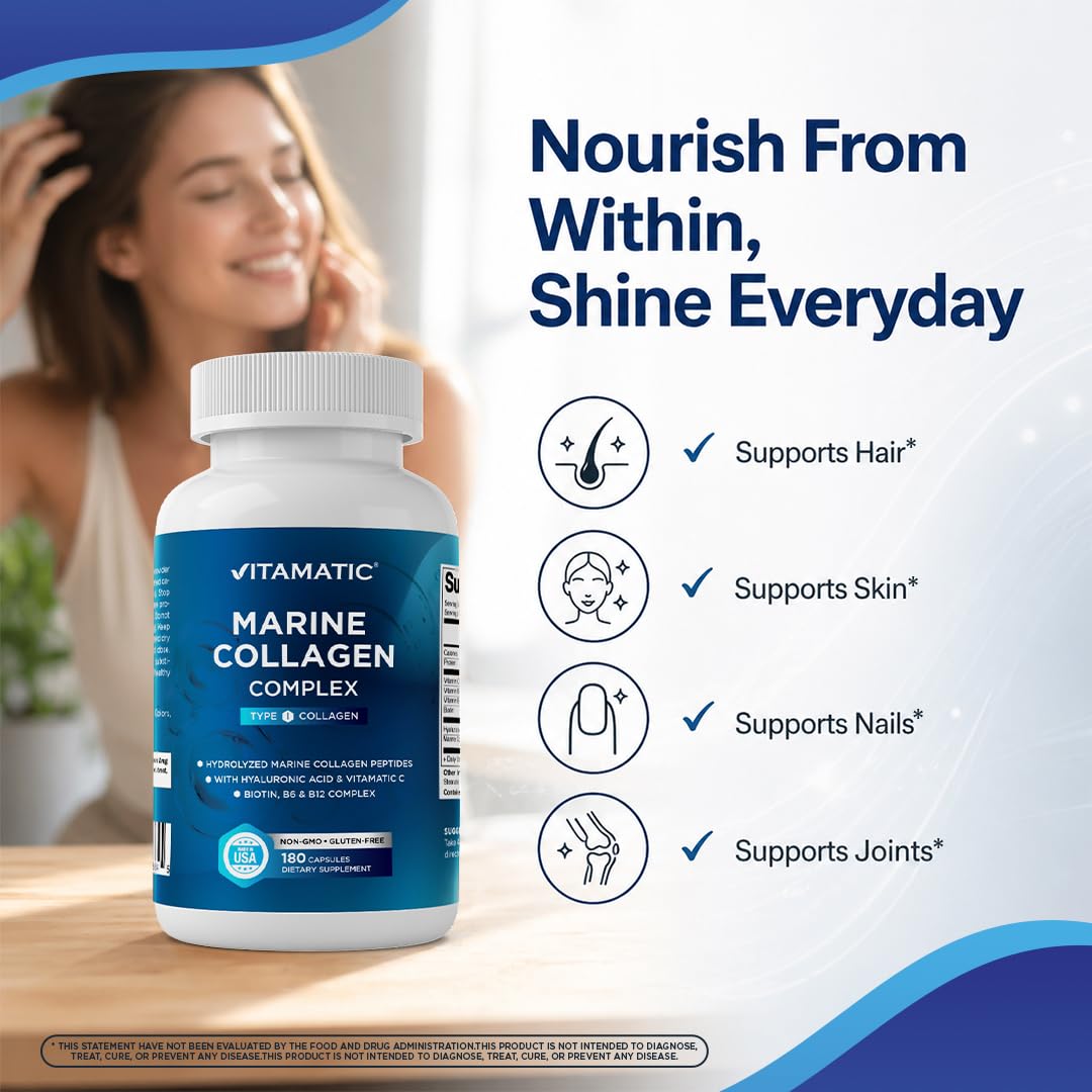 Vitamatic Marine Collagen Complex Type I 2000 mg per Serving with Hyaluronic Acid, Vitamin C, Biotin, B6 & B12 – 180 Capsules