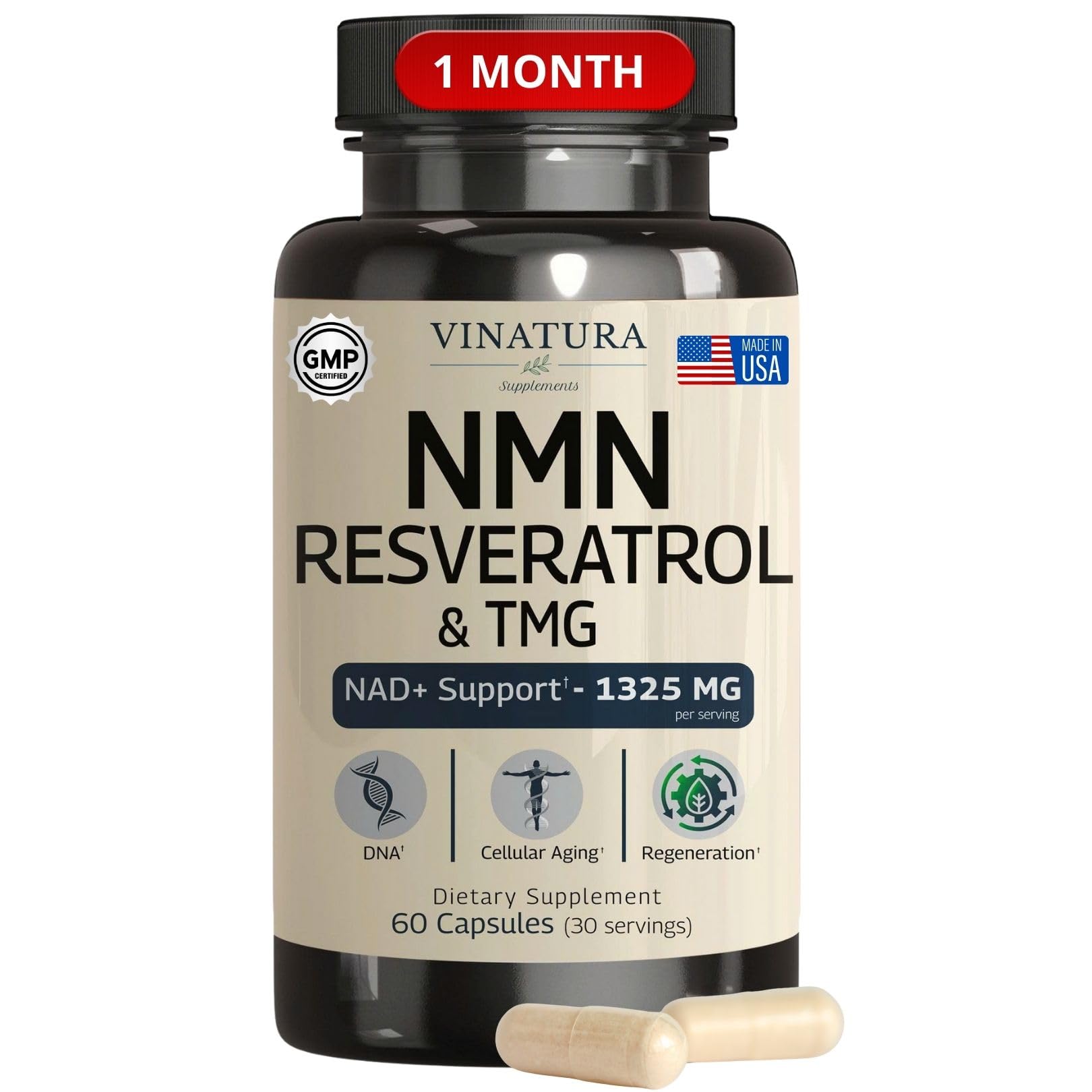 VINATURA NMN Complex Supplement 1325MG - NMN 1000mg with Resveratrol and TMG, Support NAD+ 60 Capsules