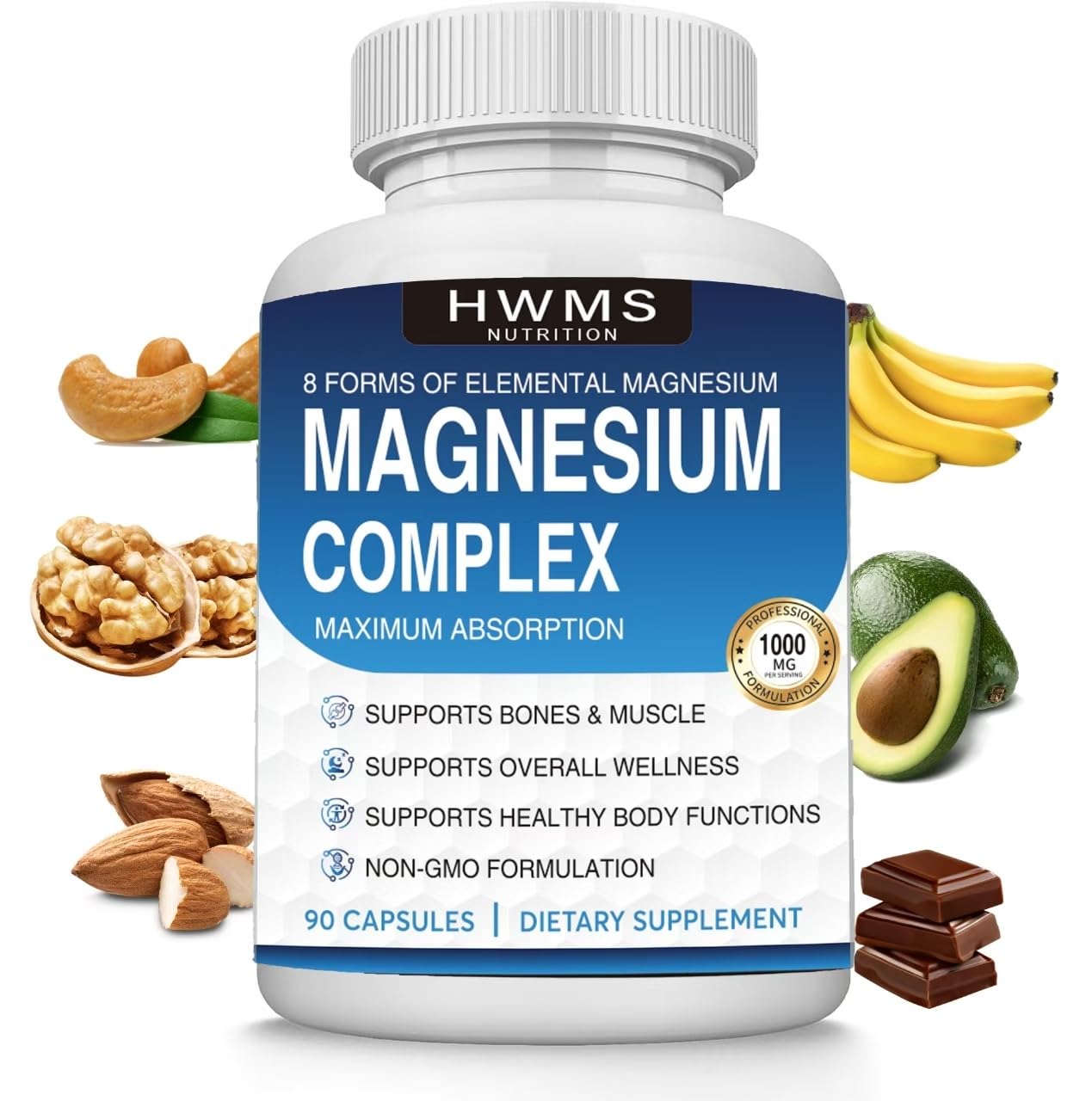 HWMS Magnesium Complex 8 Elemental 1000mg Capsules, 90 Count