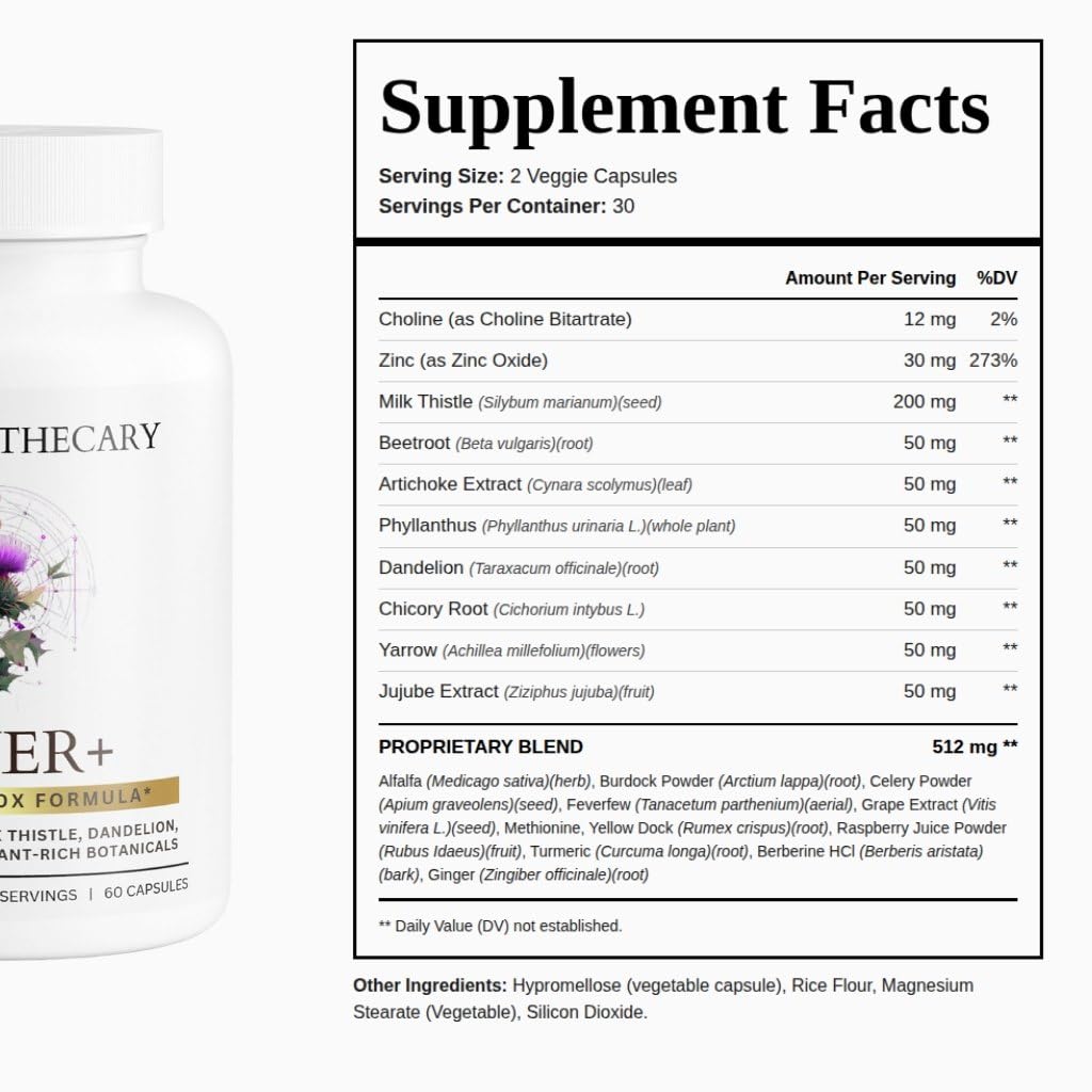 Dear Apothecary Liver Detox & Support Supplement with Milk Thistle 200mg Dandelion Root Artichoke - 22 Ingredient Liver Health Formula with Zinc Choline Turmeric Berberine - 60 Vegan Capsules