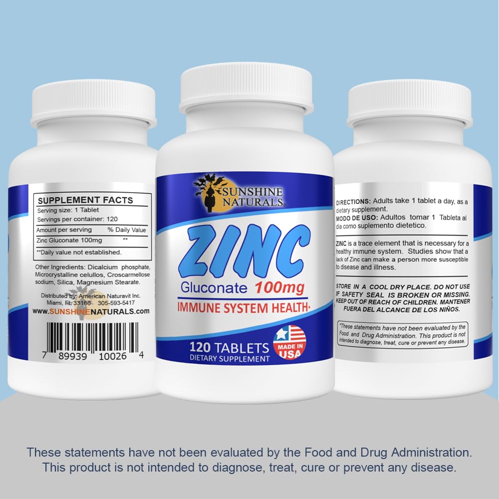 Sunshine Naturals Zinc Gluconate Mineral Supplement Tablet, 360 Tablets