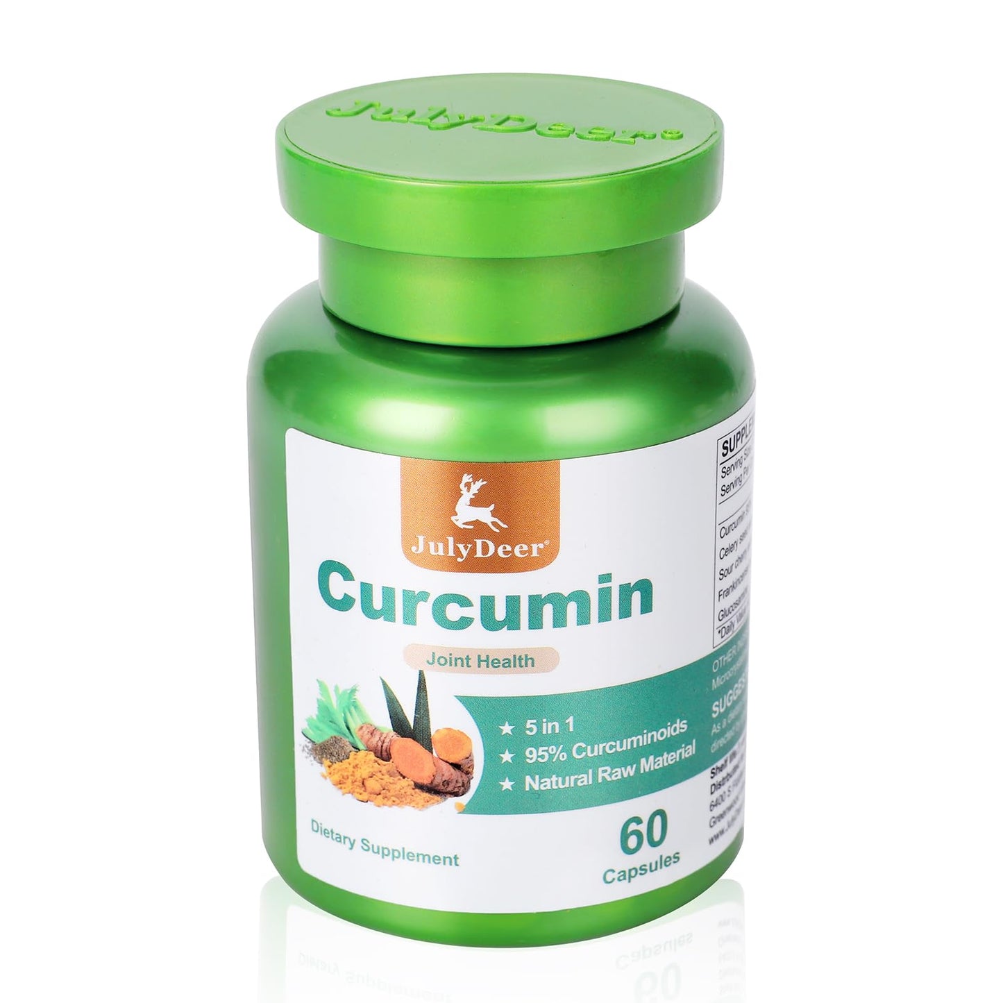 JulyDeer Curcumin Turmeric 95% with Celery Seed, Sour Cherry, Frankincense Extract, Glucosamine 5-in-1 Formula 95% Curcuminoids Natural Antioxidant Supplements Capsules, 60 Count